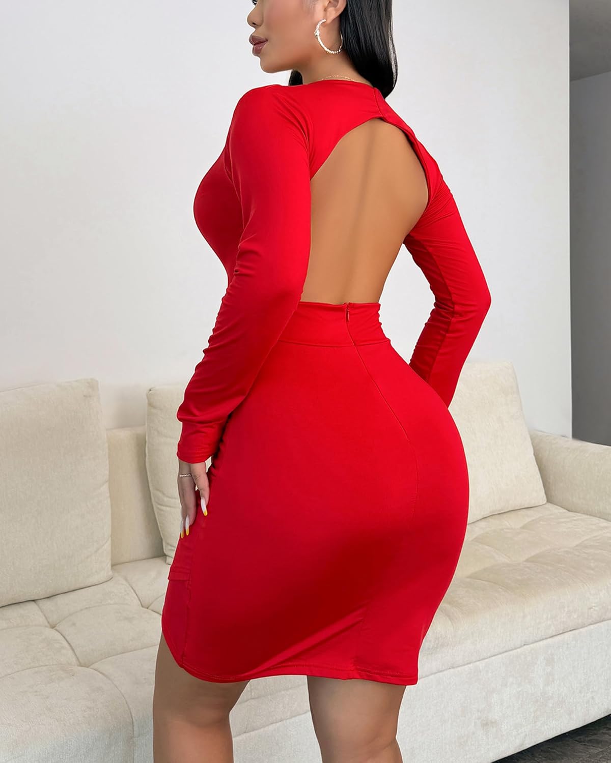 Women's Long Sleeve Bodycon Dress - Sexy Mini Club Dress, Slim Fit Knit Cocktail Party Dress V Neck - Image 2