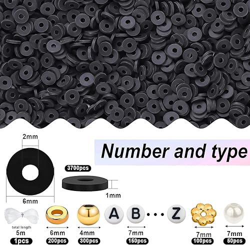 Miniatura 3 de Juego de 4500 cuentas de arcilla negra para hacer pulseras, incluye cuentas Heishi planas de arcilla polimérica de 0.236 pulgadas y perlas doradas,