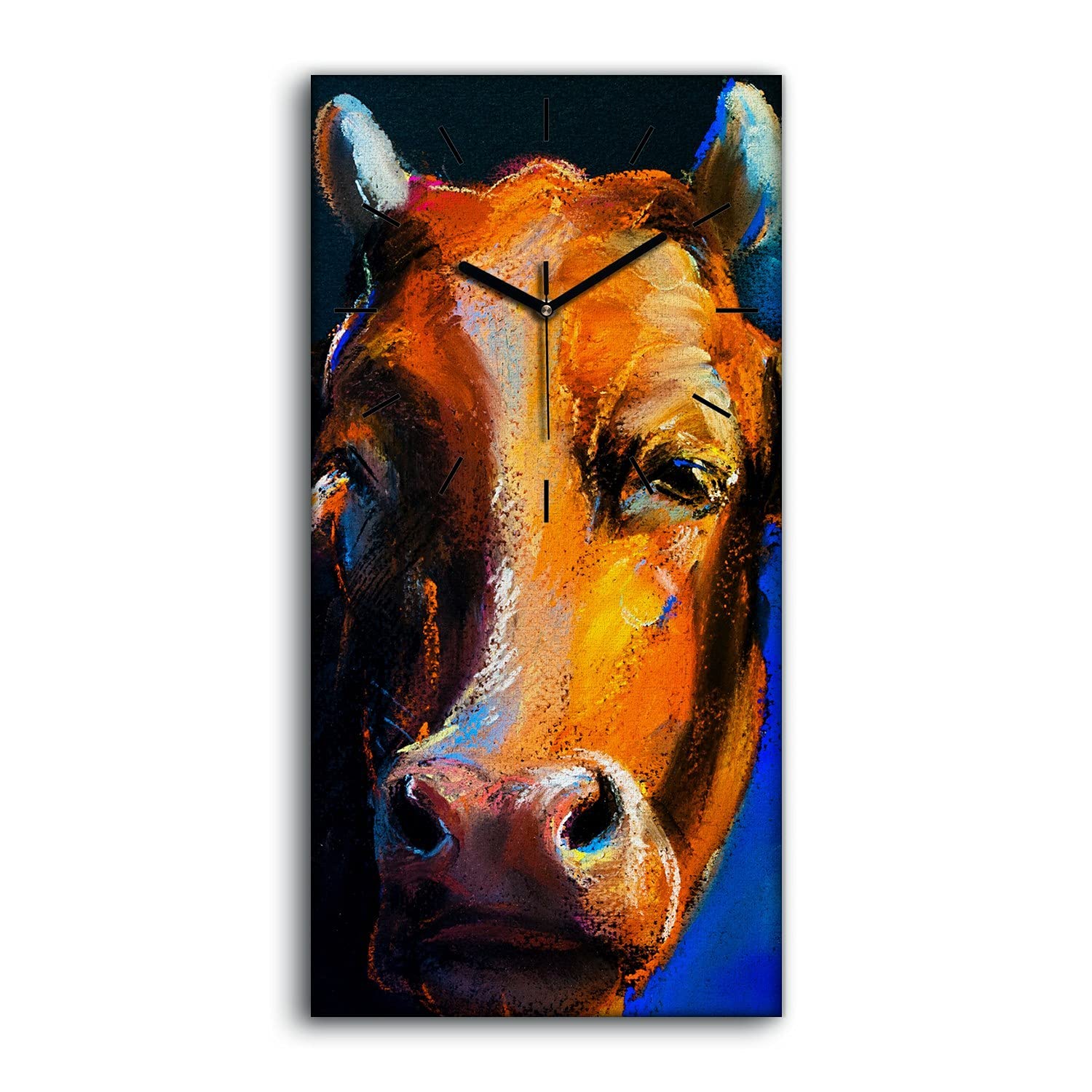 Horloge sur Toile Vache Brune 30x60cm avec Mains Noires pour Décoration Murale