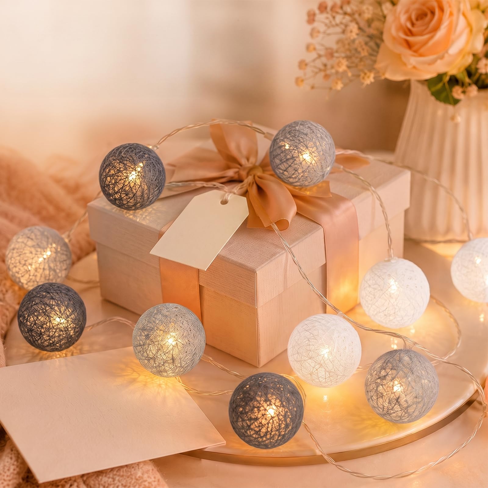 FACHOI Cotton Ball Fairy Lights, 1.5m/4.92ft Battery Powered String Lights, 10 LED Colorful Cotton Ball String Lights for Bedroom Wedding Party Home Christmas Decoration F6-MXQDD (Grey)