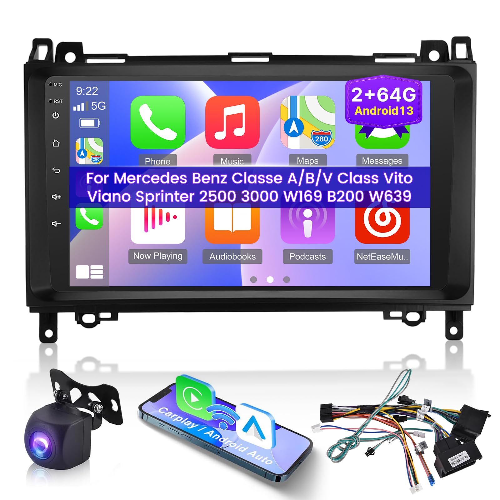 [2+64G] Android 13 Car Estereo para Mercedes Benz Sprinter W906 W245 W169 W639 B200 Viano Vito 2006-2011 - 9 Pulgadas de Pantalla Táctil DSP Audio con Carplay Inalámbrica y Android Auto