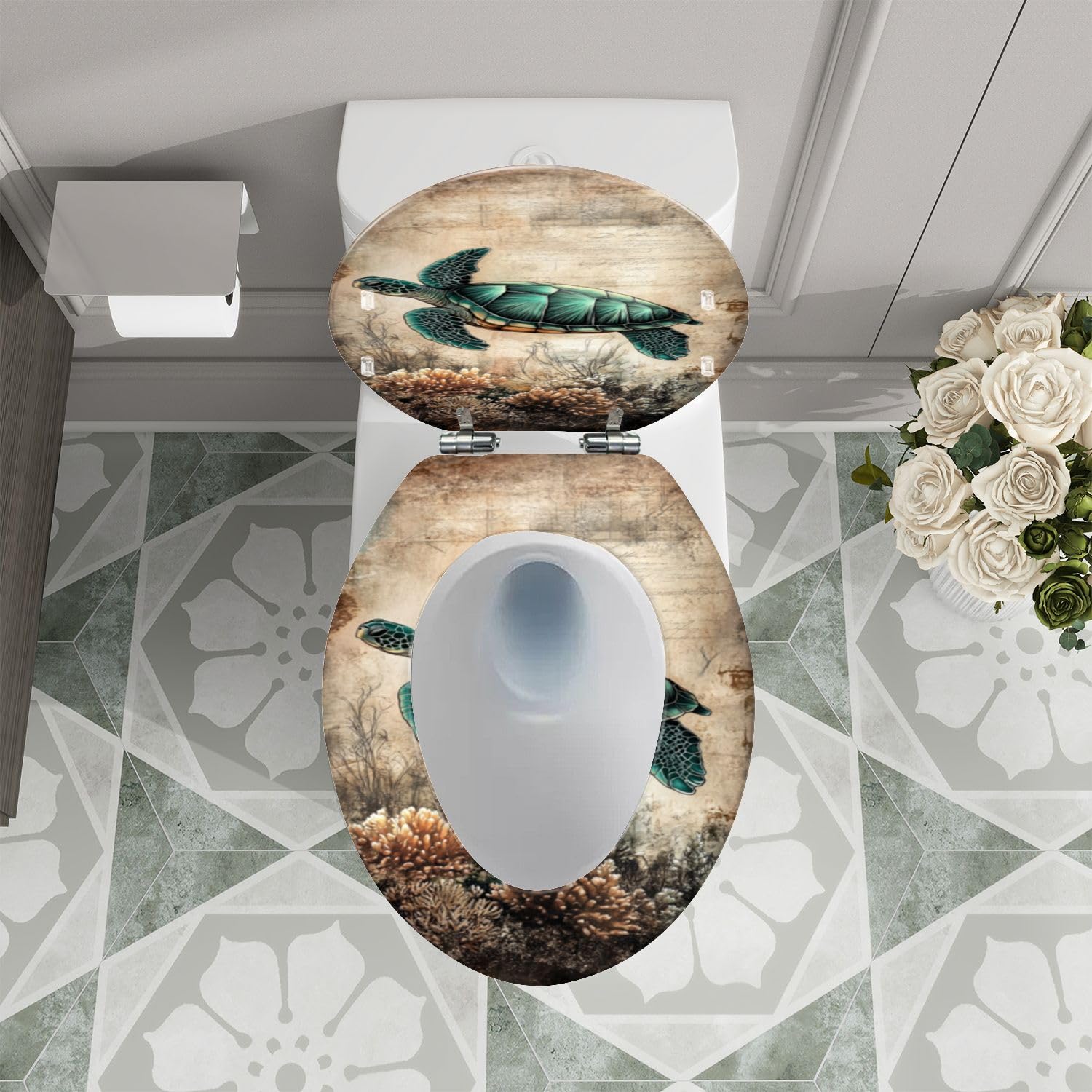 Asiento de inodoro alargado de resina con diseño de tortuga marina color
