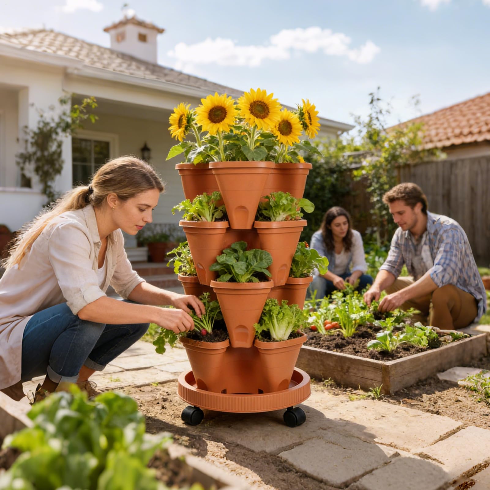 Terrakotta-Erdbeer-Pflanzgefäß, Blumentopf, 4 Ebenen, vertikaler Blumentopf mit Rädern und Bodenschale, stapelbarer Erdbeer-Pflanzgefäß zum Pflanzen von Erdbeeren,
