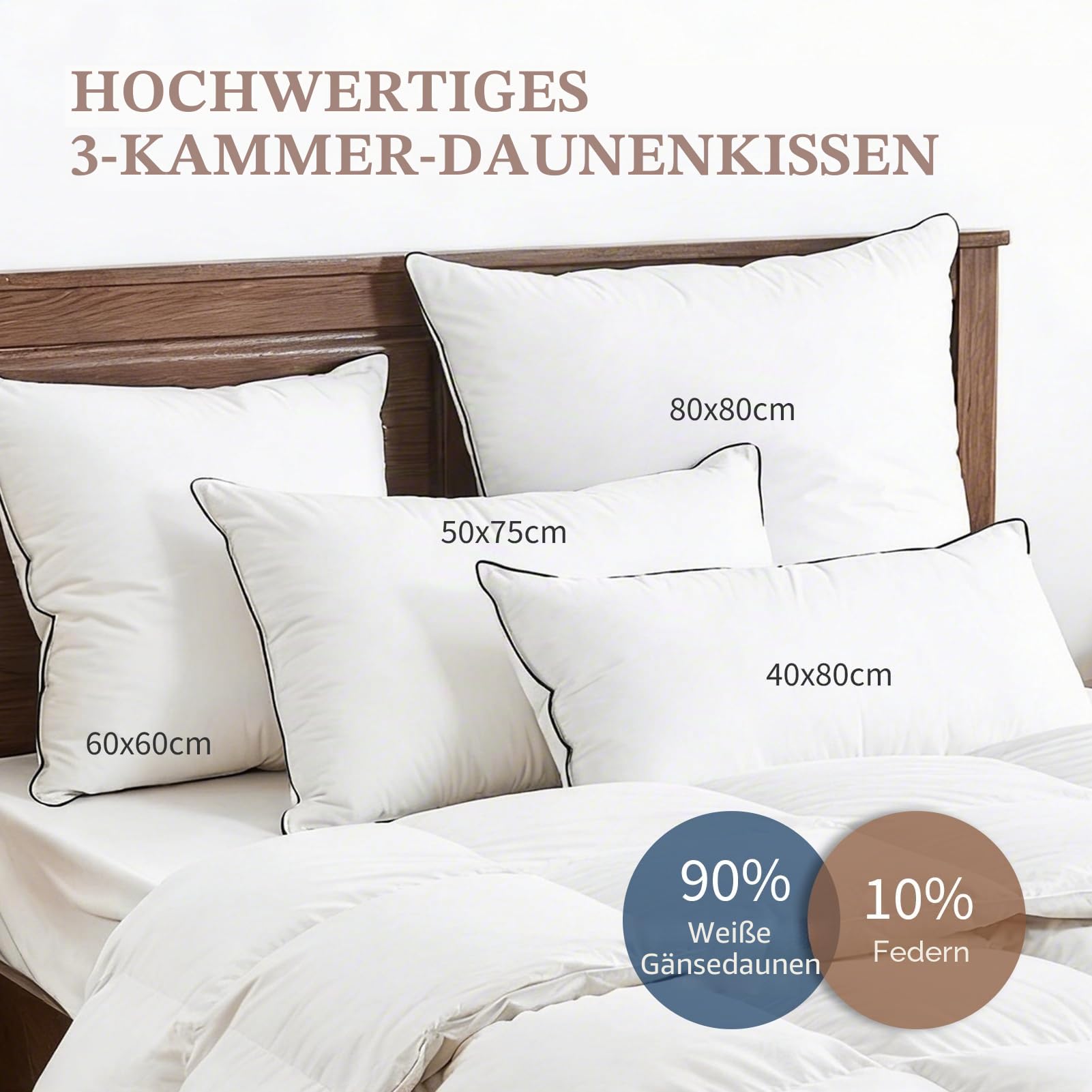 DWR Daunenkissen 80x80 cm (2 Stück) | 3-Kammer Kopfkissen | 90% weiße Gänsedaune Außen | Feder-Mischung Innen | 100% Bio-Baumwollbezug | Mittlere Unterstützung Schlafkissen | RDS und Oeko-TEX
