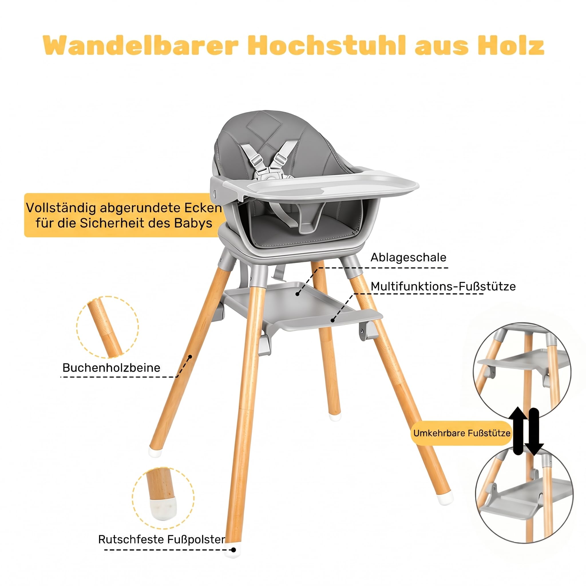 Holz-Hochstuhl 6-in-1 Umwandelbar mit Sicherheitsgurt und Fußstütze | Kinderstuhl & Barhocker, Abnehmbares Ablagebrett, Für Säuglinge & Kleinkinder, Umklappbare Fußstütze, 6 Nutzungsmöglichkeiten