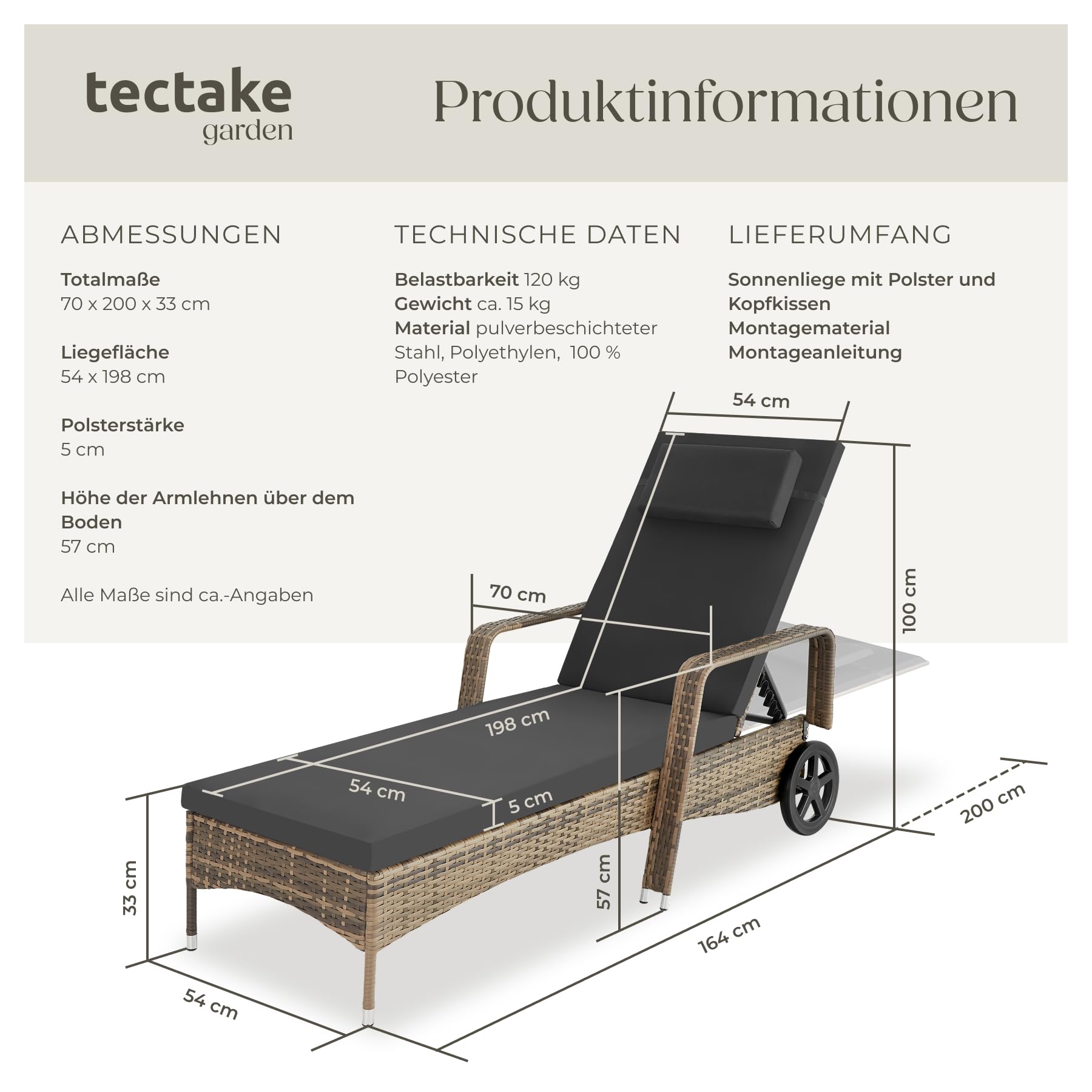 tectake Poly Rattan Gartenliege mit Rollen, 6-Fach höhenverstellbarer Liegestuhl, bis 120kg belastbar, Sonnenliege Rattan (wetterfest), Liege inkl. Polster und Kissen - Natur/dunkelgrau