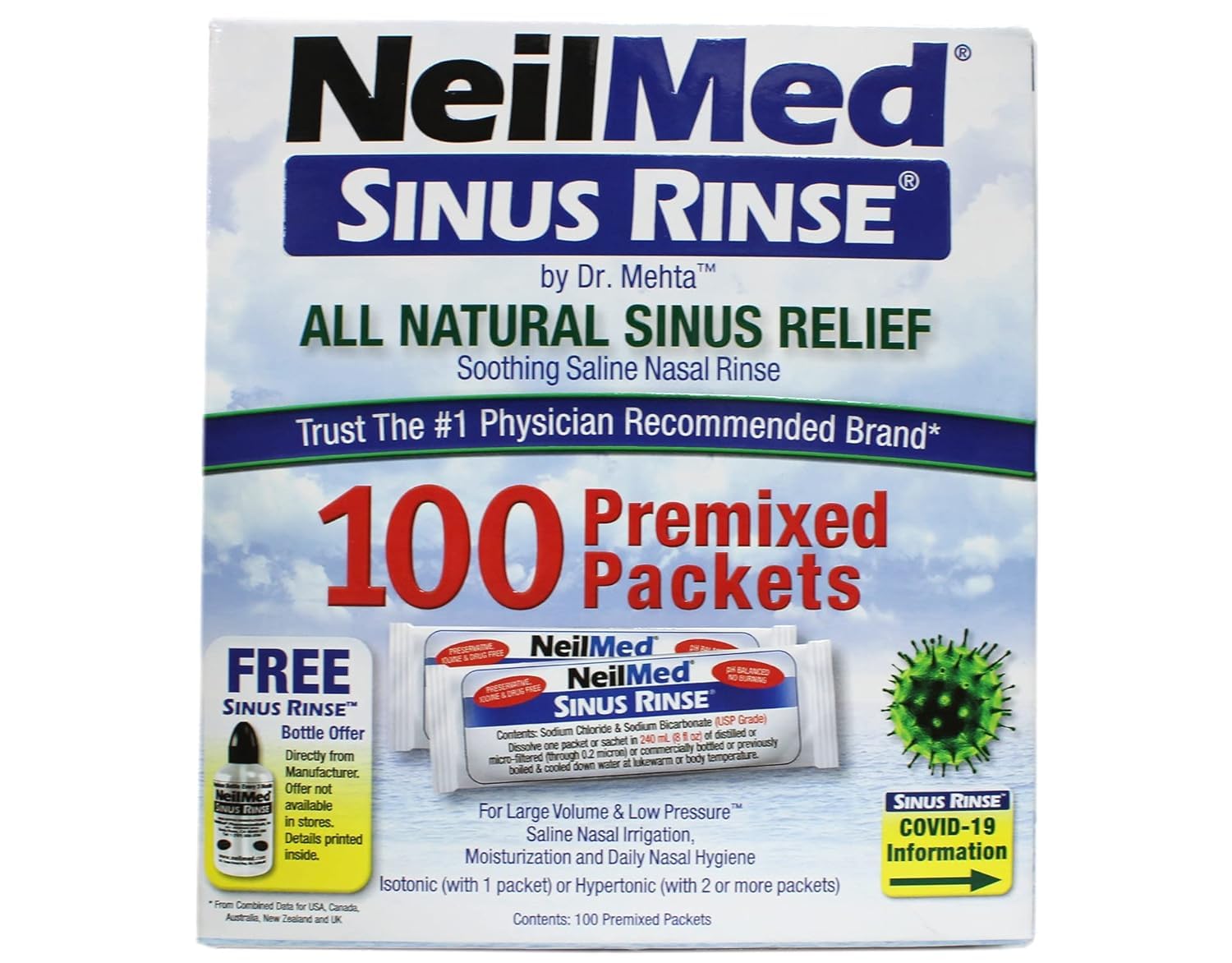 NeilMed, Sinus Rinse, All Natural Relief, 100 Premixed Packets