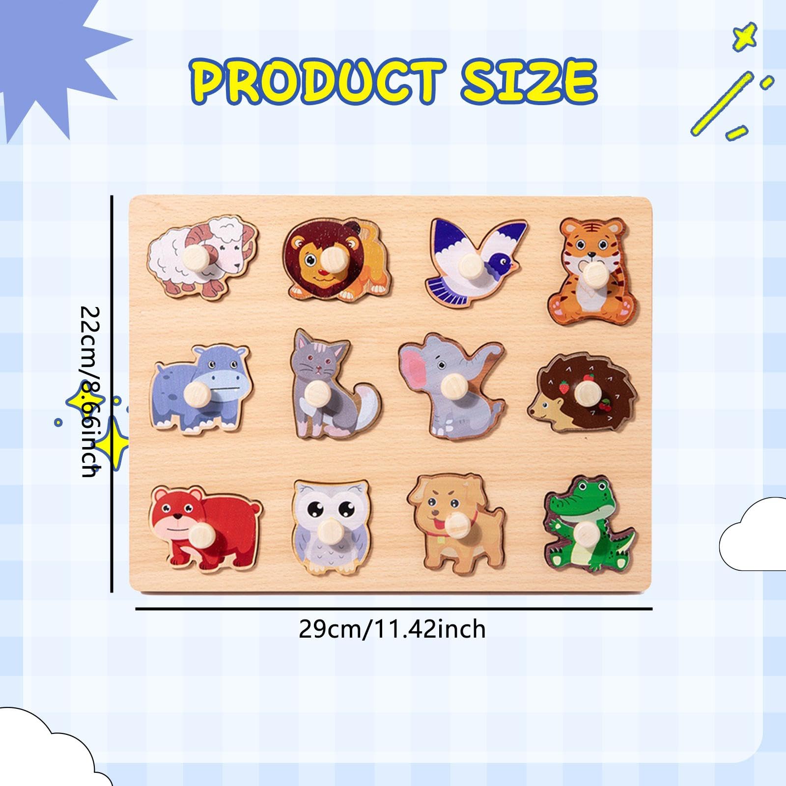 Puzzle di Apprendimento Tavola Forme in Legno Puzzle Bambini Cartone Animato Puzzle Prescolare con Peg Sviluppo Motricità Fine Adatto per Bambini Raga, Animale