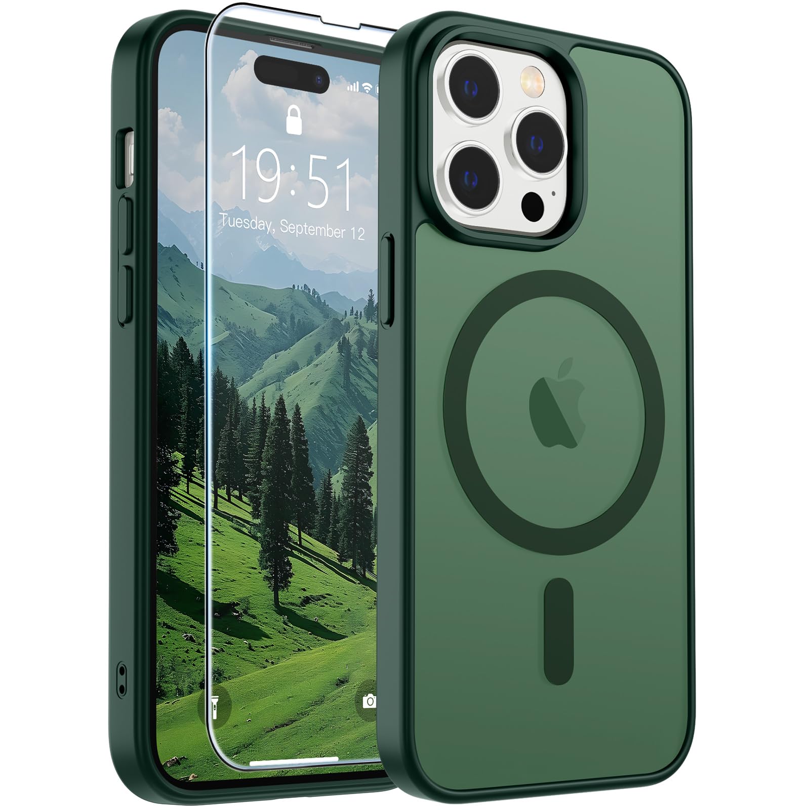 SUPFINE Magnetic for iPhone 14 Pro Max Case Forest Green | With Screen Protector, Translucent Matte, Compatible with MagSafe, Military Grade Drop Proof, Rugged Shockproof Protective