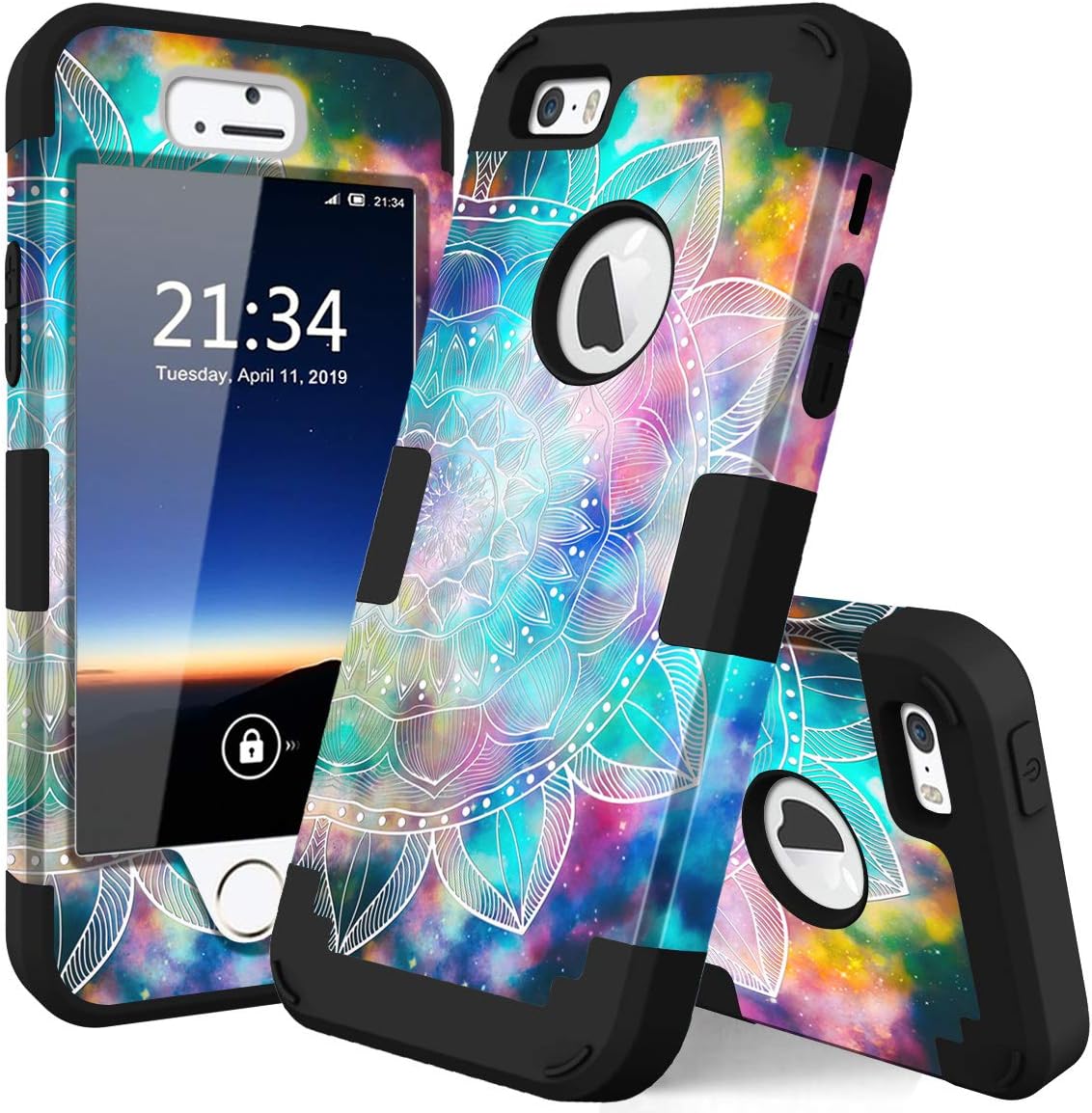 iPhone 5s Case,iPhone SE case,iPhone 5 case,PIXIU Unique Hybrid Dual Layer [Hard PC+ Soft Silicone] Impact Full-Body Shockproof Protective Case for Apple iPhone 5s/5/SE Mandala Flower