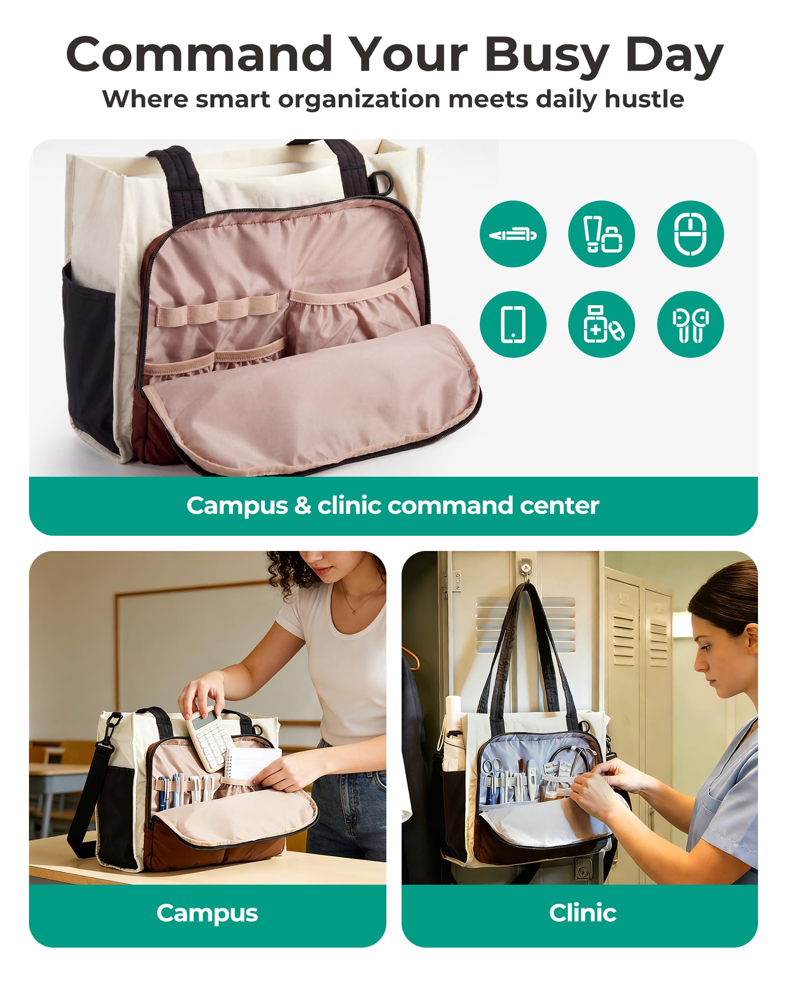 BAGSMART Tote Bag for Women Work, Puffy Travel Tote Handbag Gift for Teacher & Nurse | Medium-13" laptop, w/ 30oz cup holder, Large-15.6" laptop, w/ 40oz cup holder, For campus, work, mothers day gifts — view 3