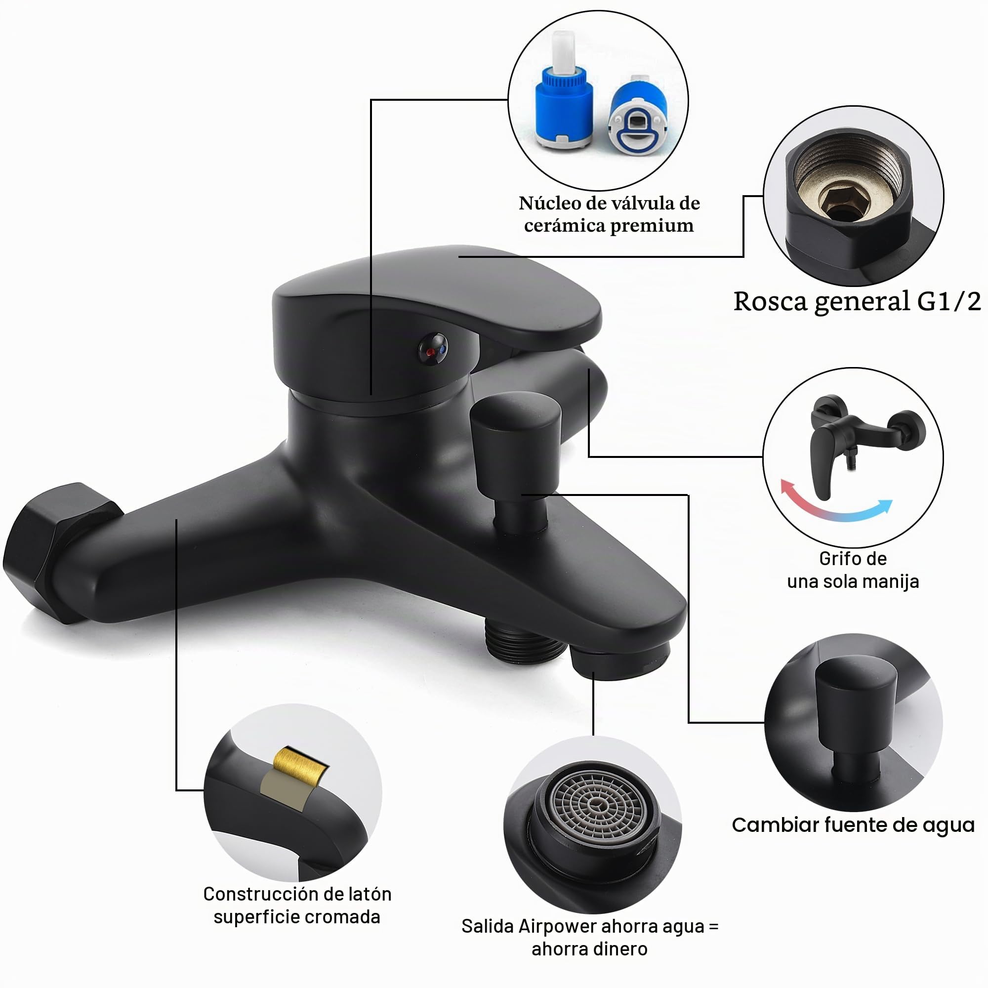 Grifo Bañera y Ducha Monomando con Alcachofa, Manguera y Soporte - Grifo de Bañera con Caño, 150cm Cable Ducha PVC, Cabezal Ducha con 5 Funciones - Negro Mate