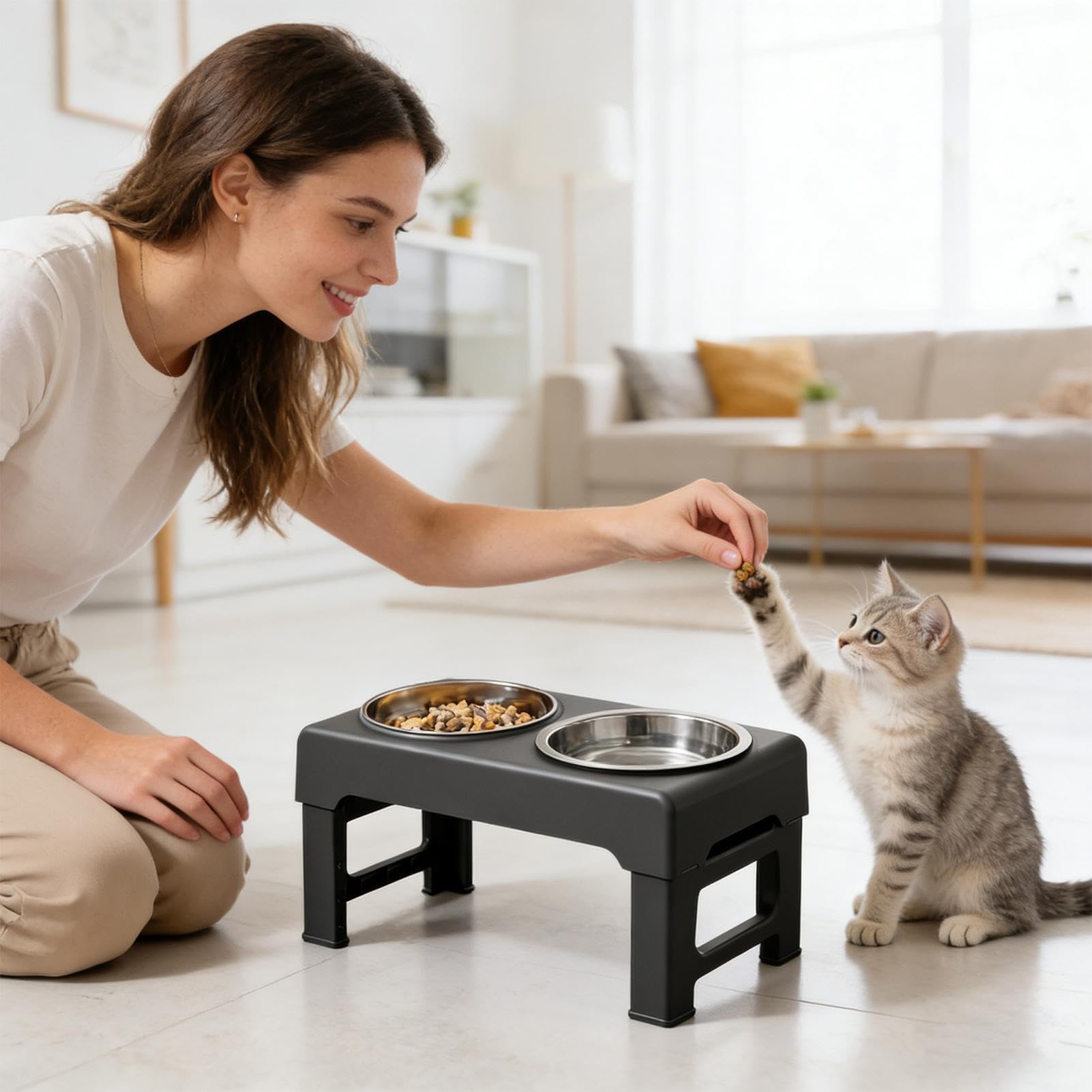 Ciotole per Cani con Supporto doppia rialzata regolabile su 3 altezze | per Gatti con Base per Interni Esterni Casa Cucina Soggiorno Viaggio Campeggio