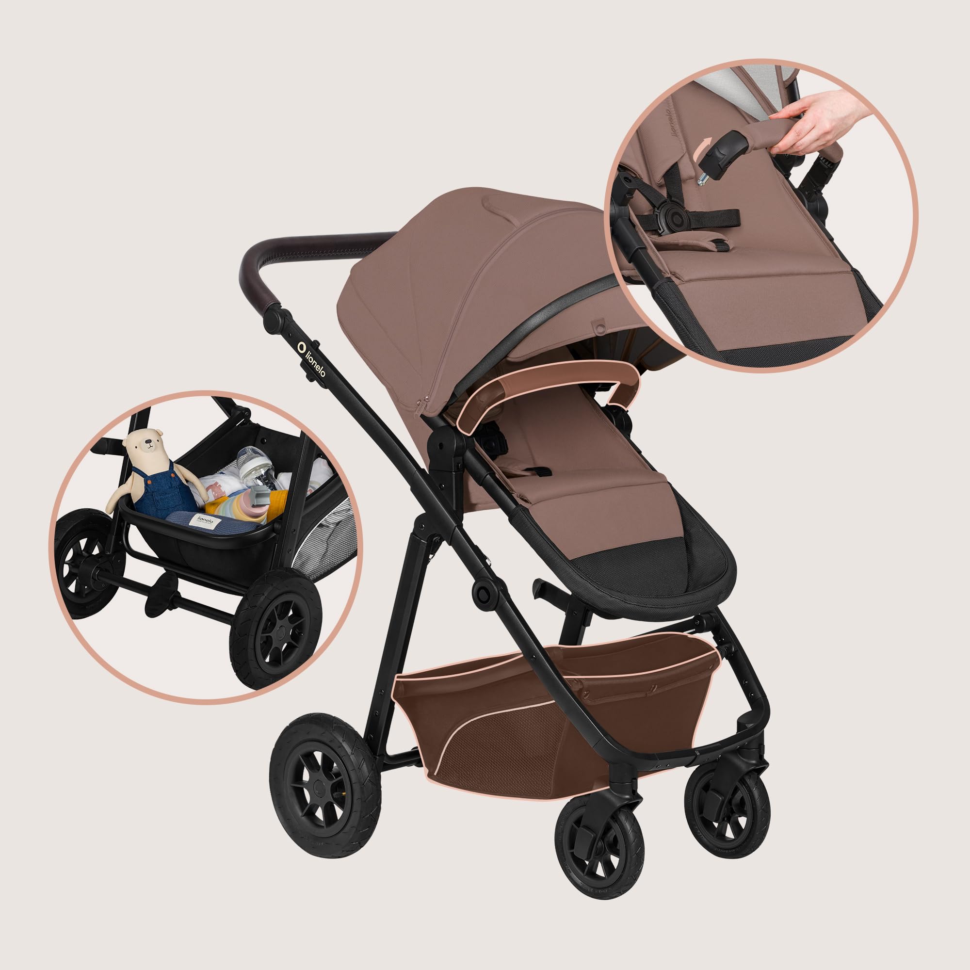 LIONELO BIANKA Cochecito de Bebé 3 en 1 (22 kg) Portabebés (9 kg) Silla de Coche (13 kg), Plegable, Sistema de Viaje Respaldo Ajustable Ruedas 360o Amortiguación, Capota XXL, Carrito de Bebe