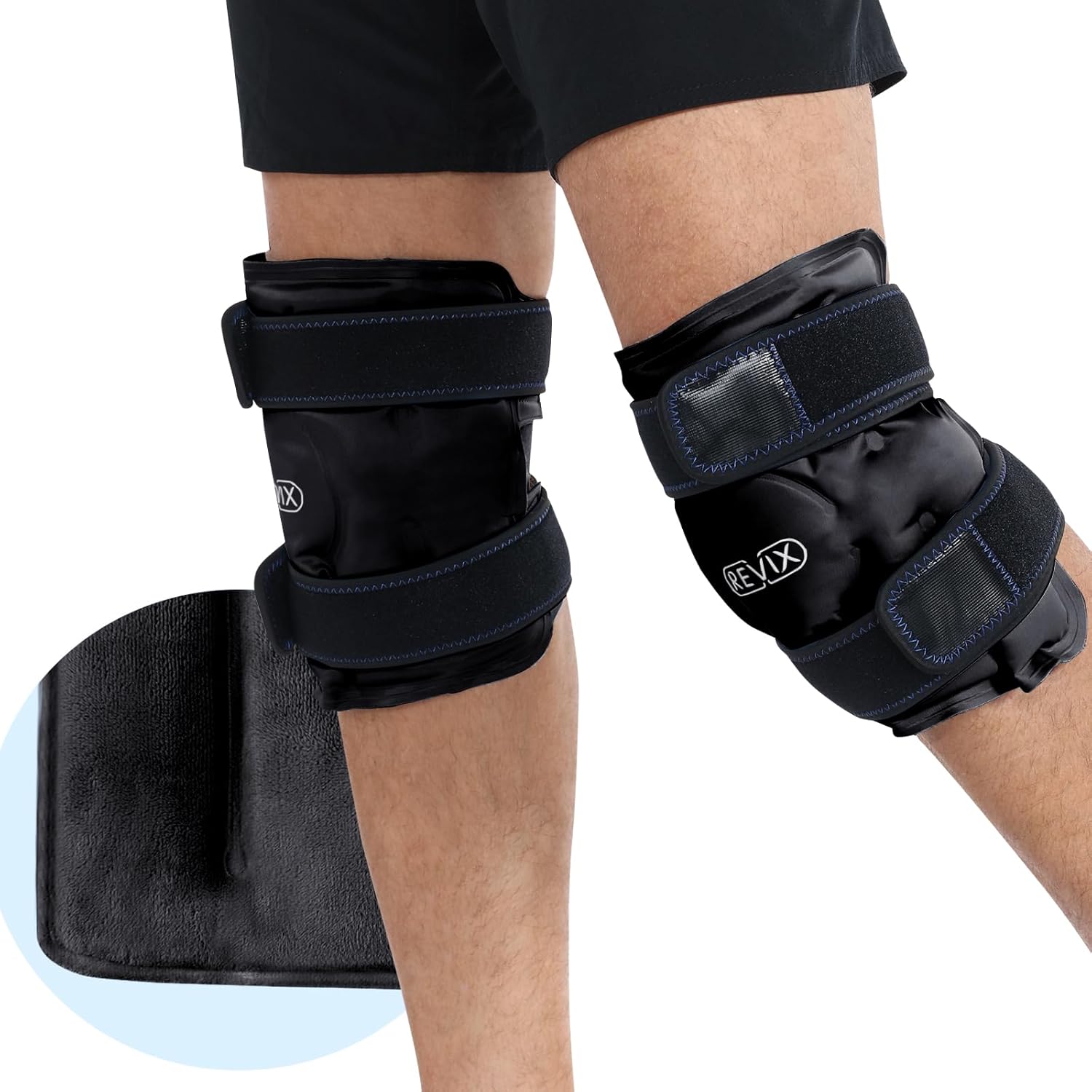 REVIX Ice Packs for Knee Relaxation, Reusable Gel Ice Wraps with Cold Compression for Enhanced Flexibility and Recovery, Plush Cover and Long-Lasting Cold, A Set of Two, Black REVIX Ice Packs for Knee Relaxation, Reusable Gel Ice Wraps with Cold Compression for Enhanced Flexibility and Recovery, Plush Cover and Long-Lasting Cold, A Set of Two, Black