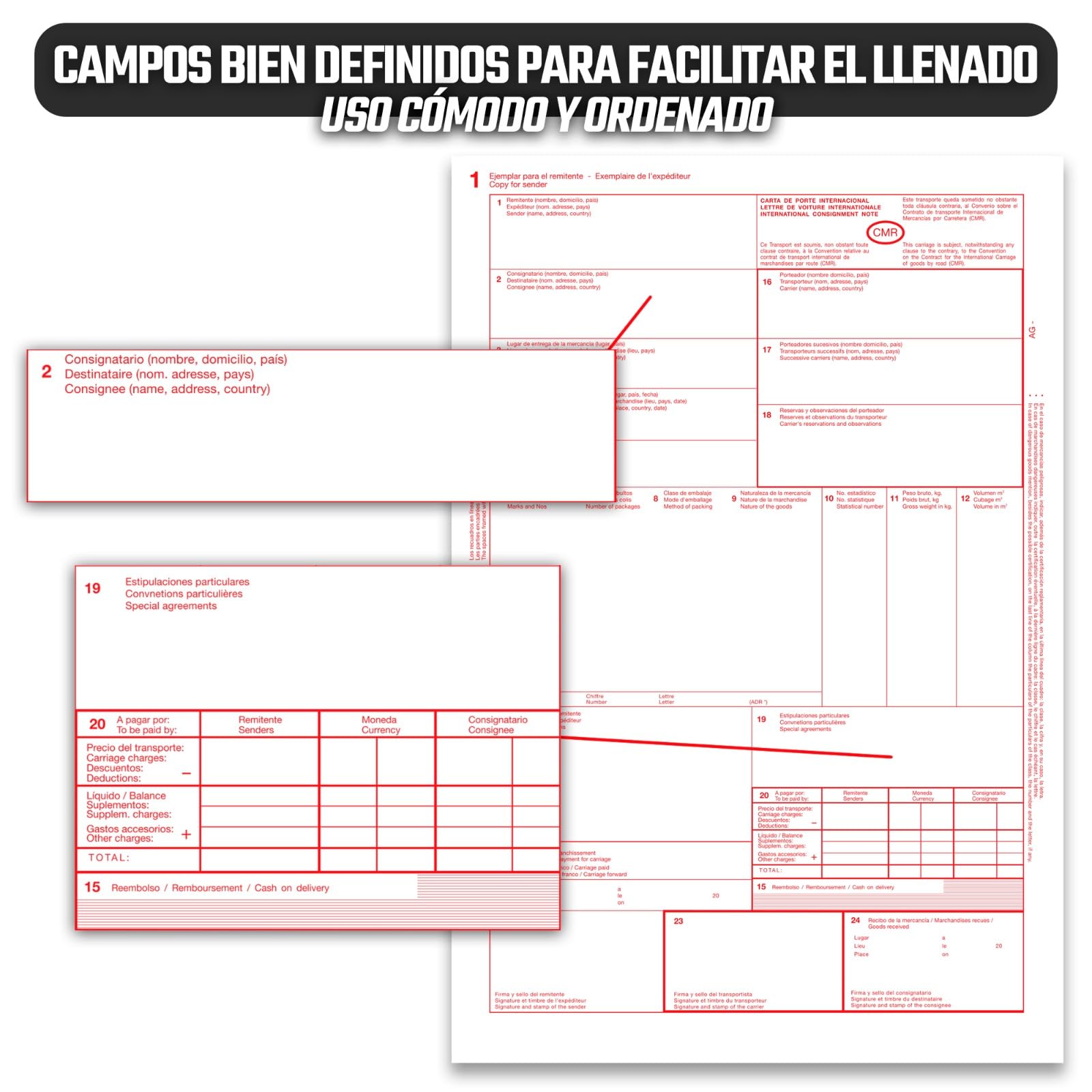 Pack 10 Talonarios CMR Autocopiativos - Transporte Internacional - 4 Copias Numeradas - 25 Juegos Numerados - Cumple con Normativa CMR Internacional (10)