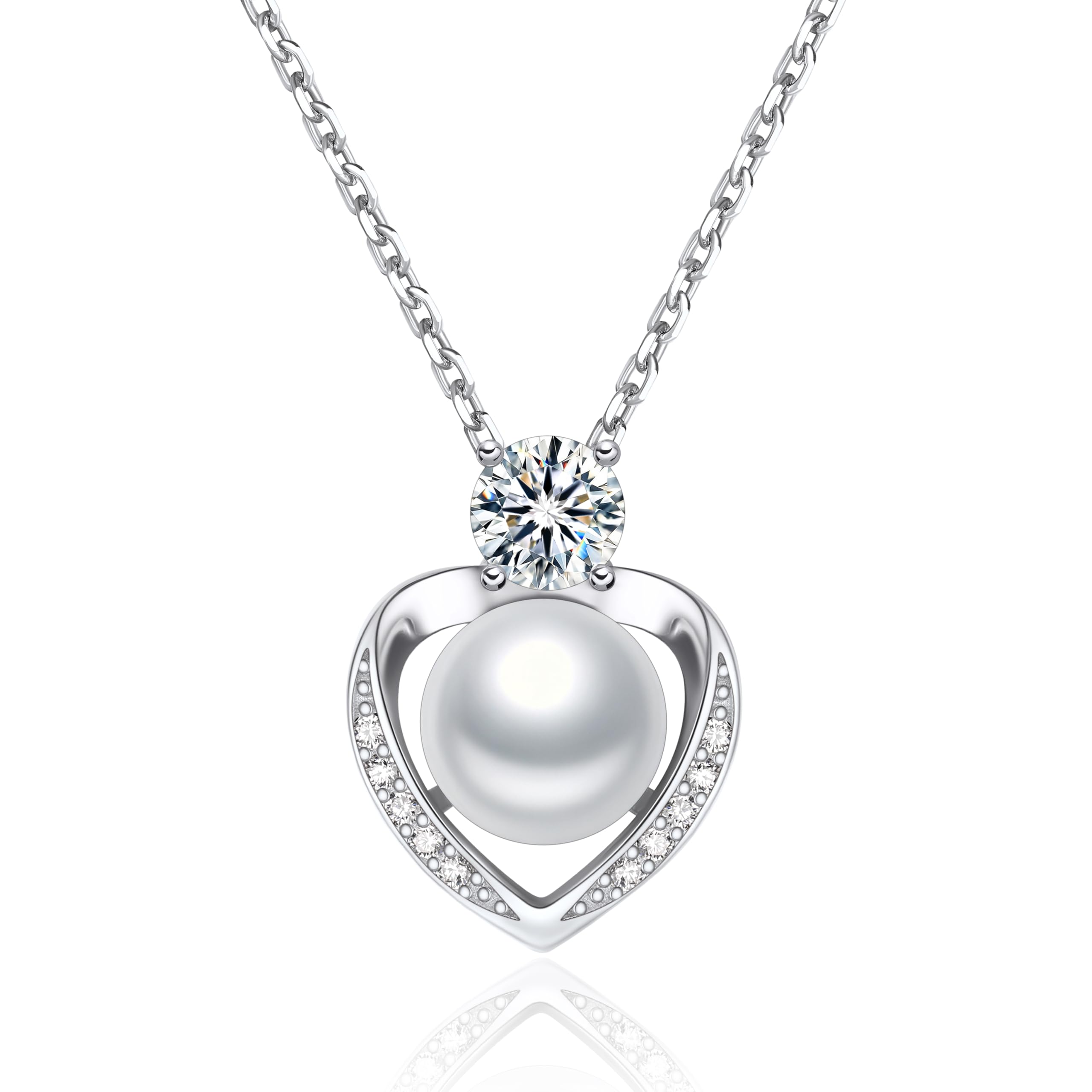 [MomentWish] パールネックレス レディース 一粒 本真珠 ペンダント 0.5CT モアサナイト シルバー925チェーン ハートペンダント 結婚式ネックレス（長40cm＋アジャスター5cm ギフトボックス付け