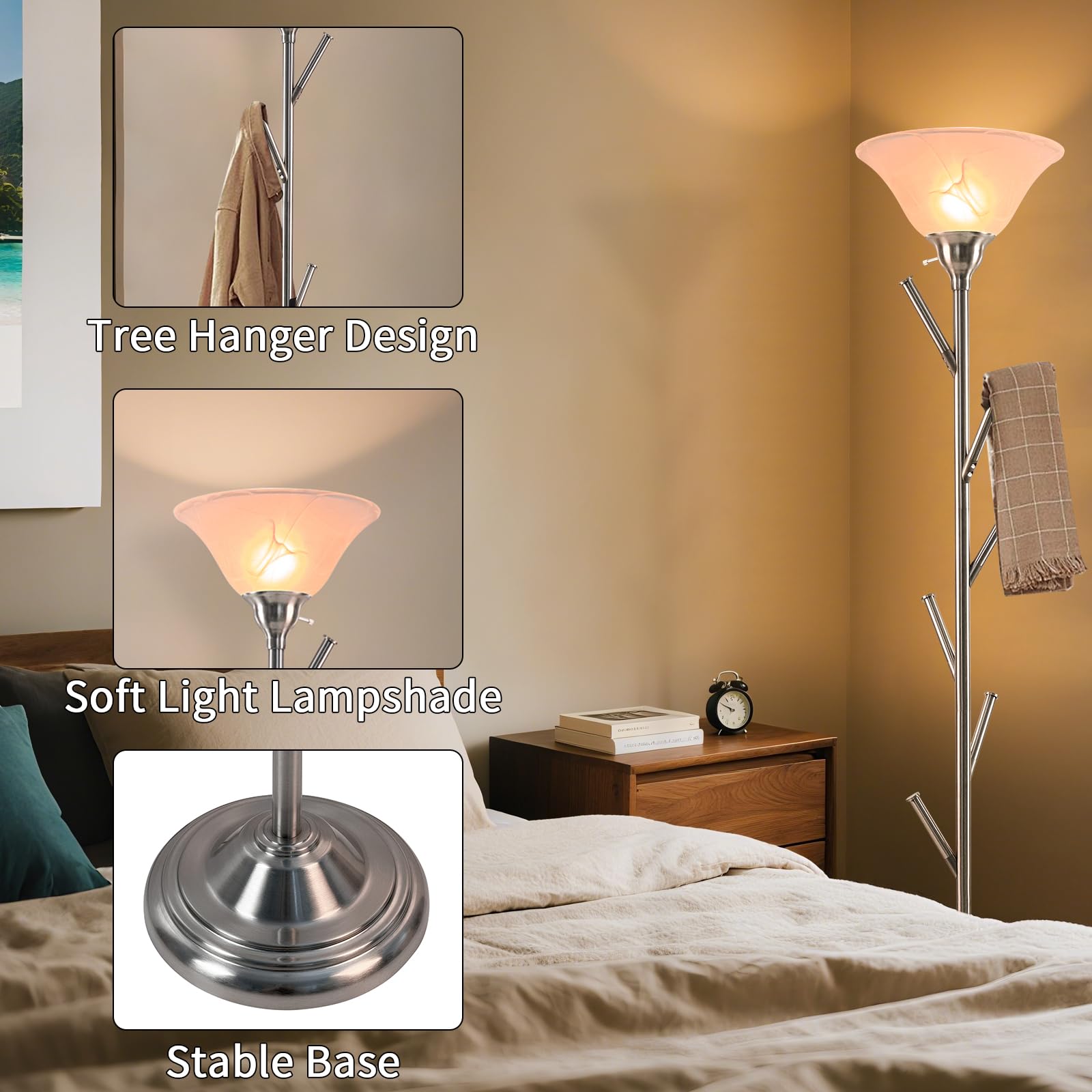 Hohe Stehlampe für Wohnzimmer, Torchiere Stehlampen mit 6 Haken Kleiderständer, Mantelbaum der Stehleuchte für Schlafzimmer Büro Ecke