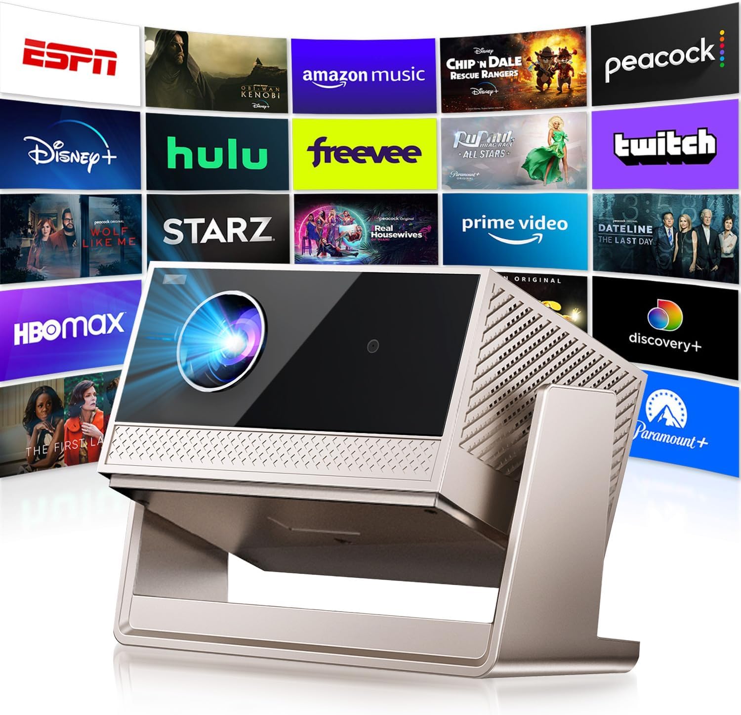 Smart 4K Projector with WiFi and Bluetooth - Portable Movie Projector with Stand,1000 ANSI Lumens, 4K Support, Native 1080p, AI Image, Built in Apps, Short Throw Proyector