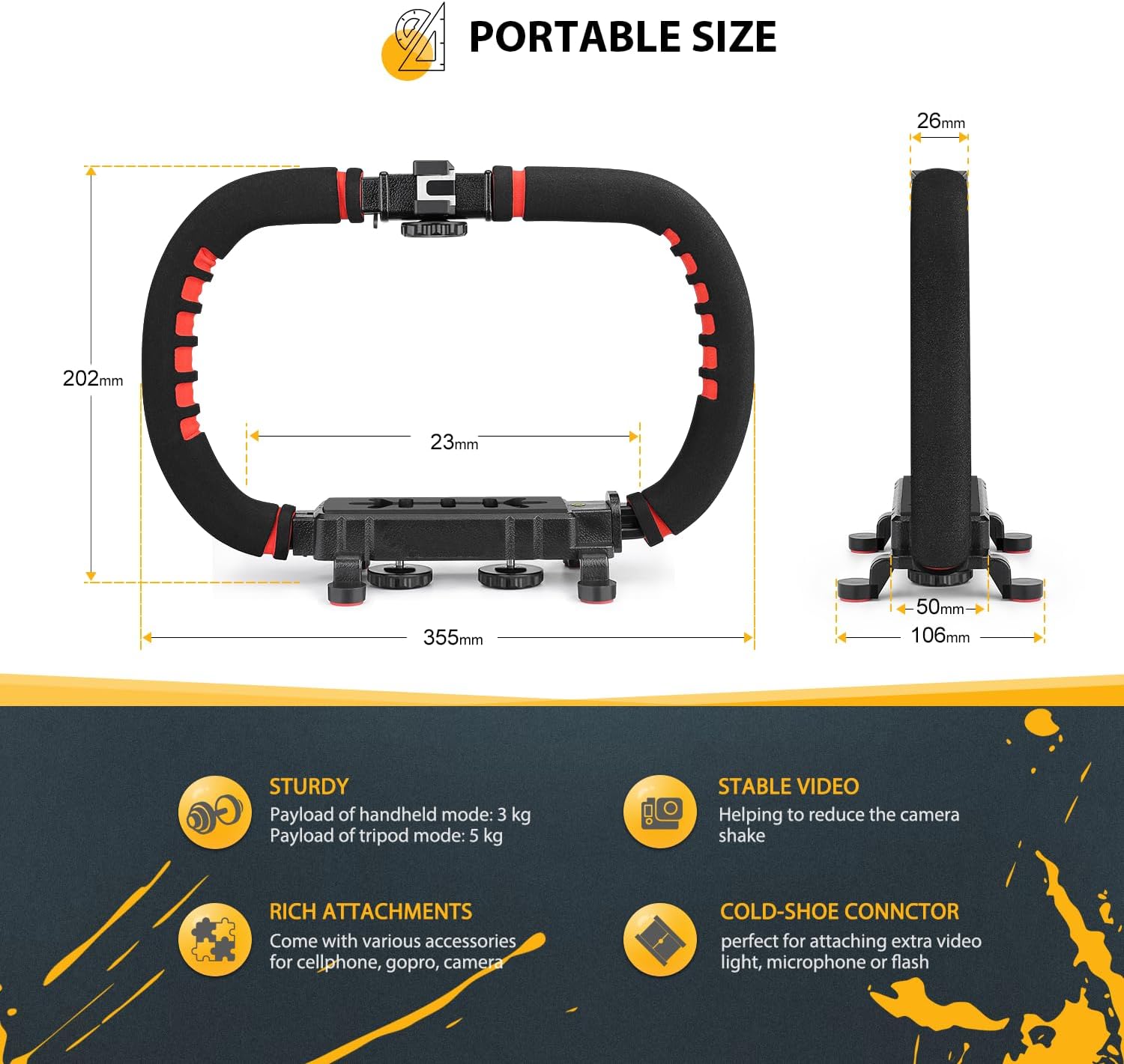 Diagram showing the dimensions of the Zeadio Handheld Stabilizer, including its length, width, and height, along with key features like sturdiness, stable video, rich attachments, and cold-shoe connector.