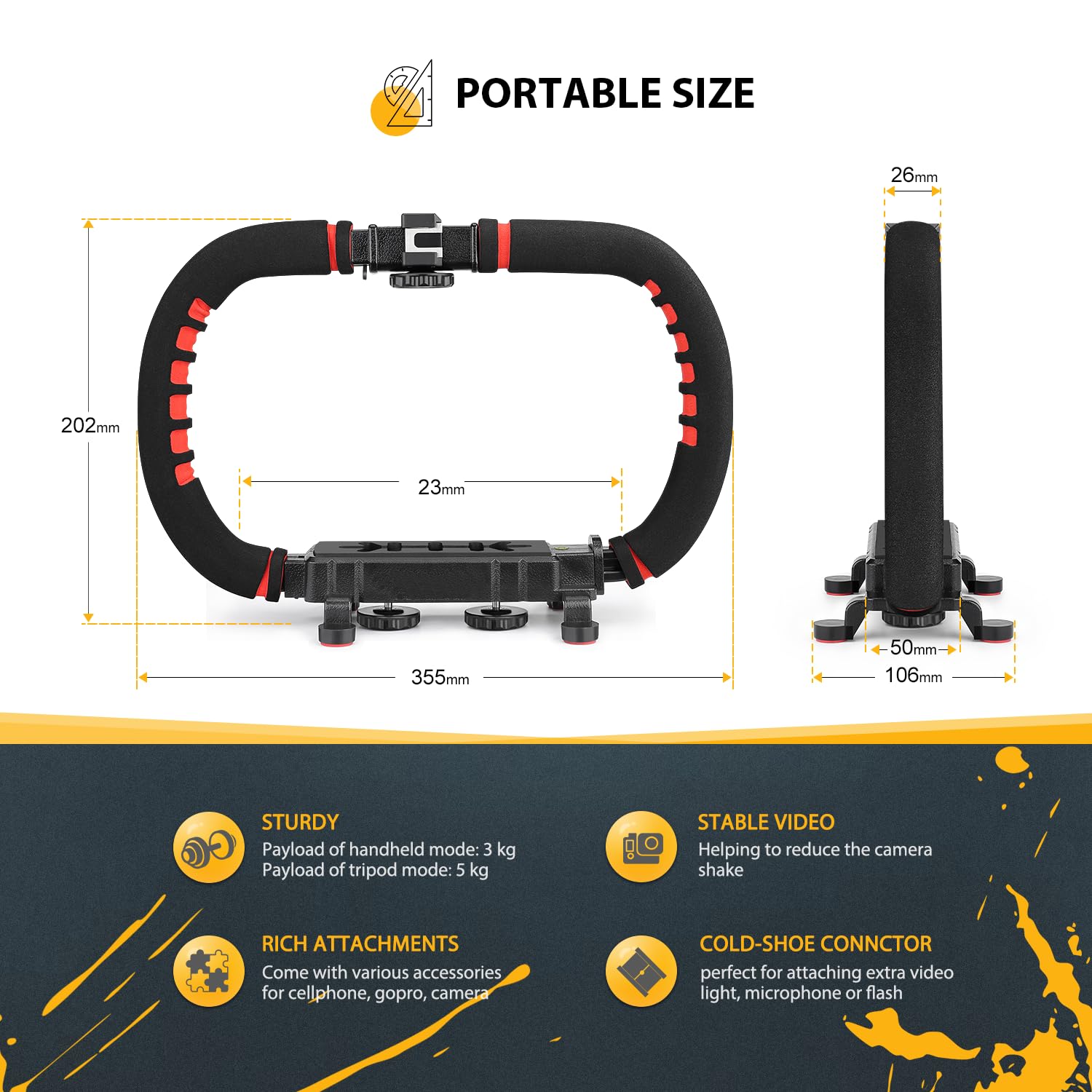 Zeadio Stabilizzatore palmare per fotocamera, impugnatura versatile, supporto video per smartphone con custodia per il trasporto, compatibile con tutte le fotocamere, videocamere, action camera DSLR e