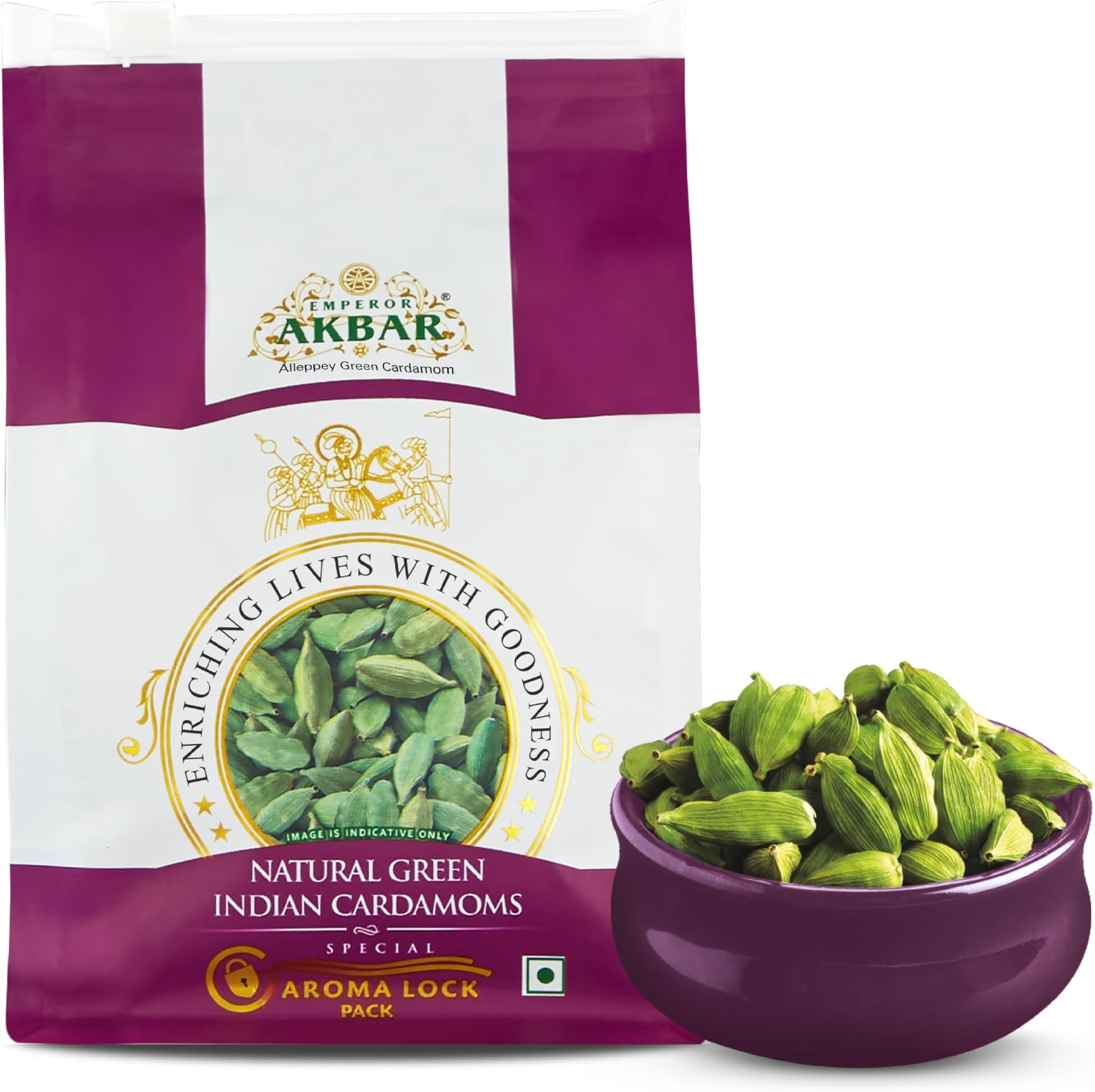 Emperor Akbar Cardamom (Elaichi)- 100g - Green Cardamom in Superior Aroma-lock Pack (Purple Grade - 8mm above)