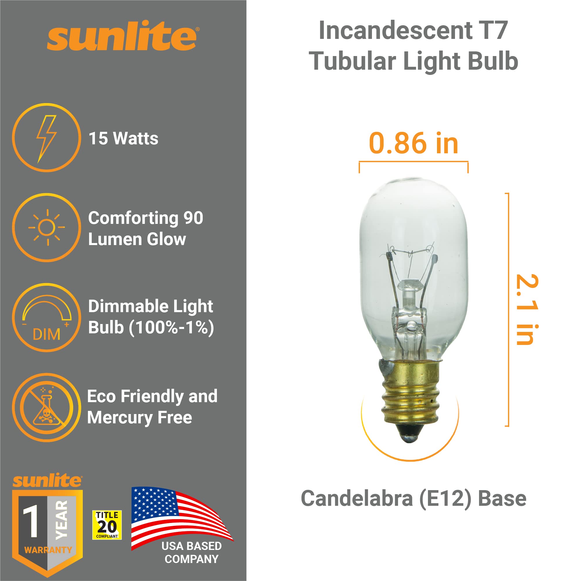 Sunlite 15T7/C Incandescent 15-Watt, Candelabra Based, T7 Tubular Bulb, Clear