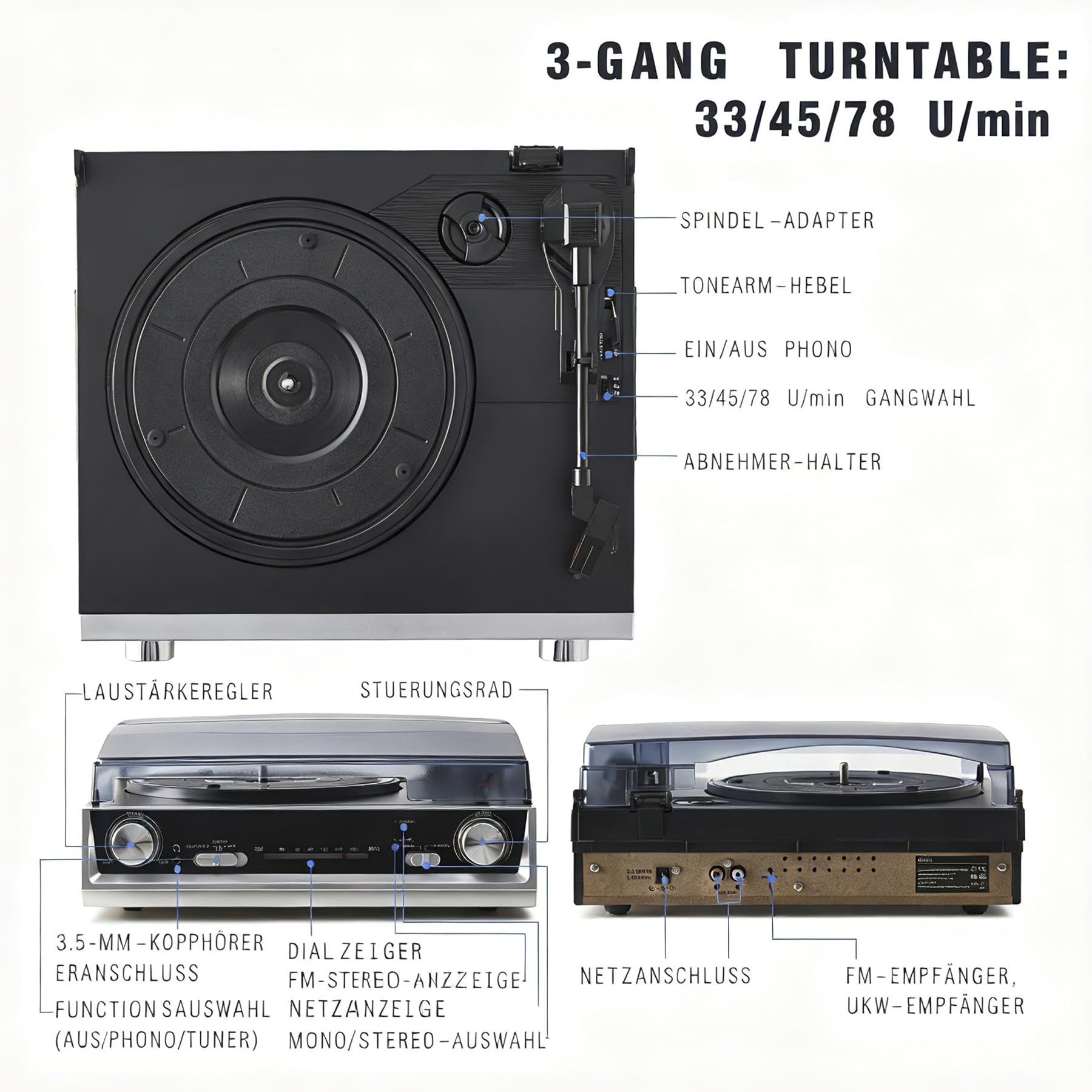 Vintage All-in-One Schallplattenspieler mit eingebauten Lautsprechern, 3-Geschwindigkeiten 33/45/78 U/min, FM-Radio, RCA & Kopfhörer-Ausgang, Schwarzes Holz — Kein Bluetooth