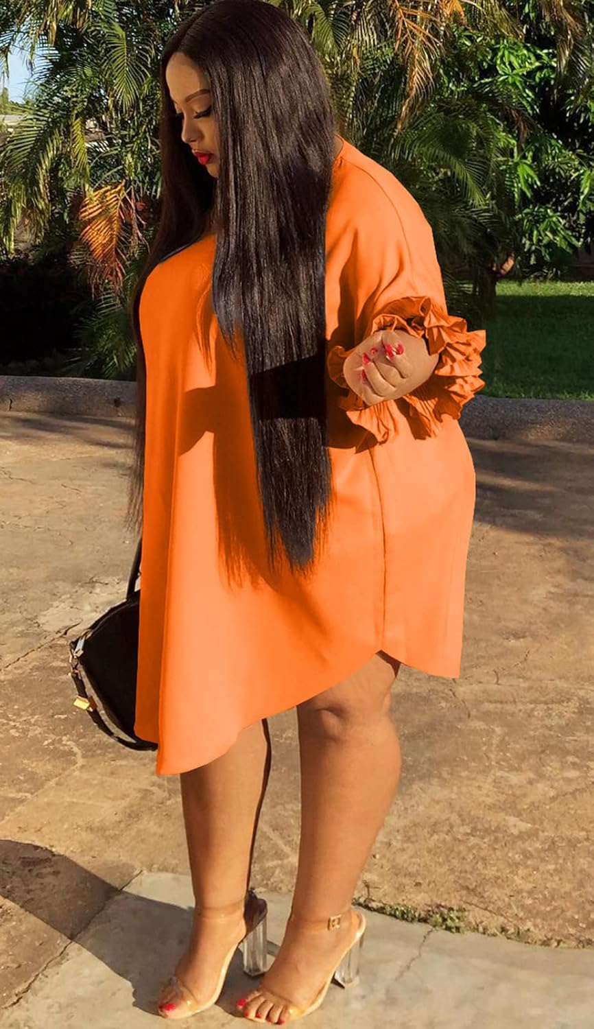 Ekaliy Women's Casual Vintage Ruffle Sleeve Loose Party Midi Plus Size Dress Casual Summer - Image 4