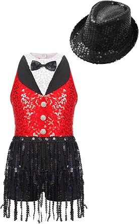 Kids Girls Jazz Dance Costume Fringed Tuxedo Leotard Jumpsuit with Hat Shiny Sequins Performance Dance Outfit