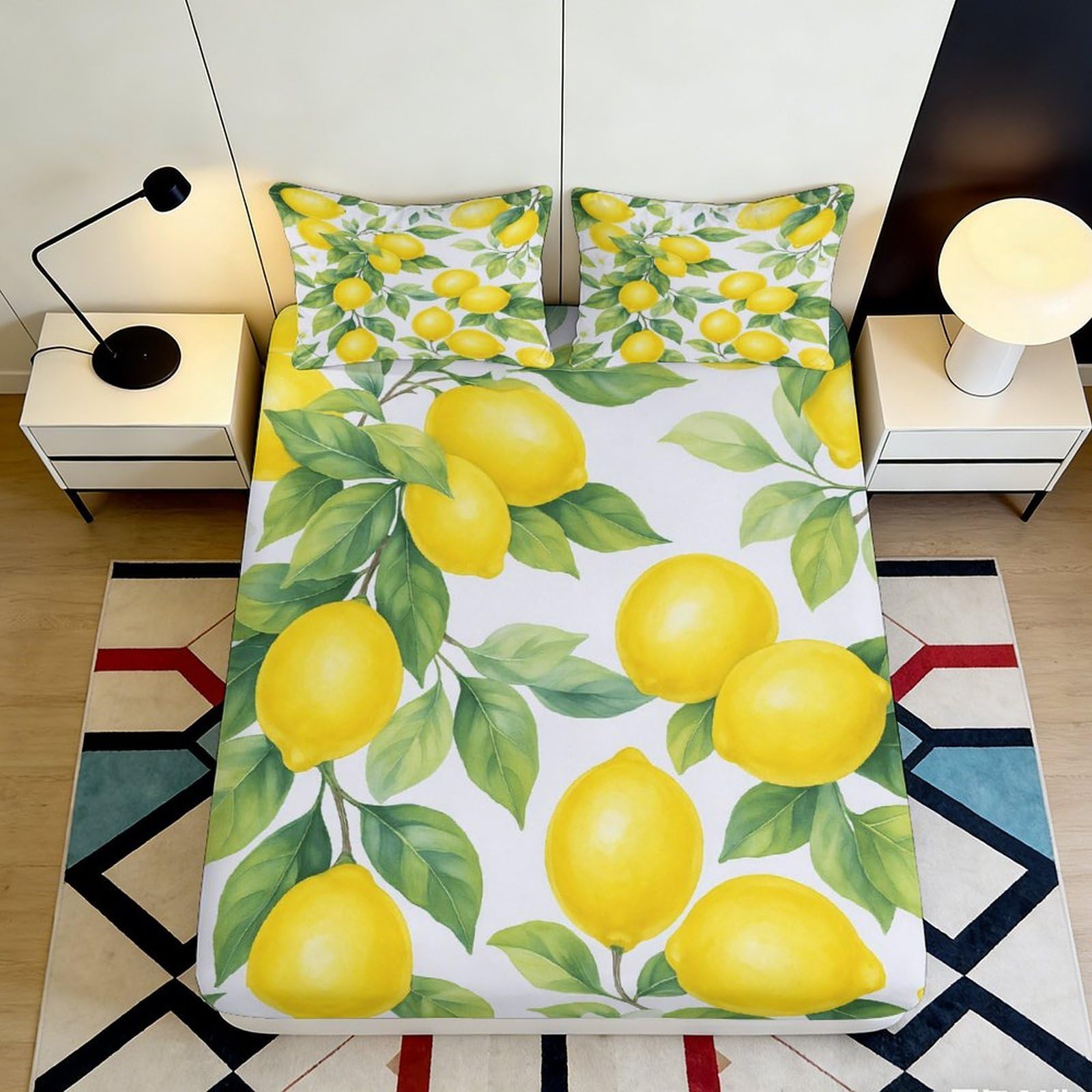 Pnayamiorkfel Style-9 3D Printed Lemon Orchard Fitted Sheet Microfiber Yellow Fruit Leaves Bed Cover Anti-Slip Easy Care Decor For Bedroom Guestroom 90X200x25cm
