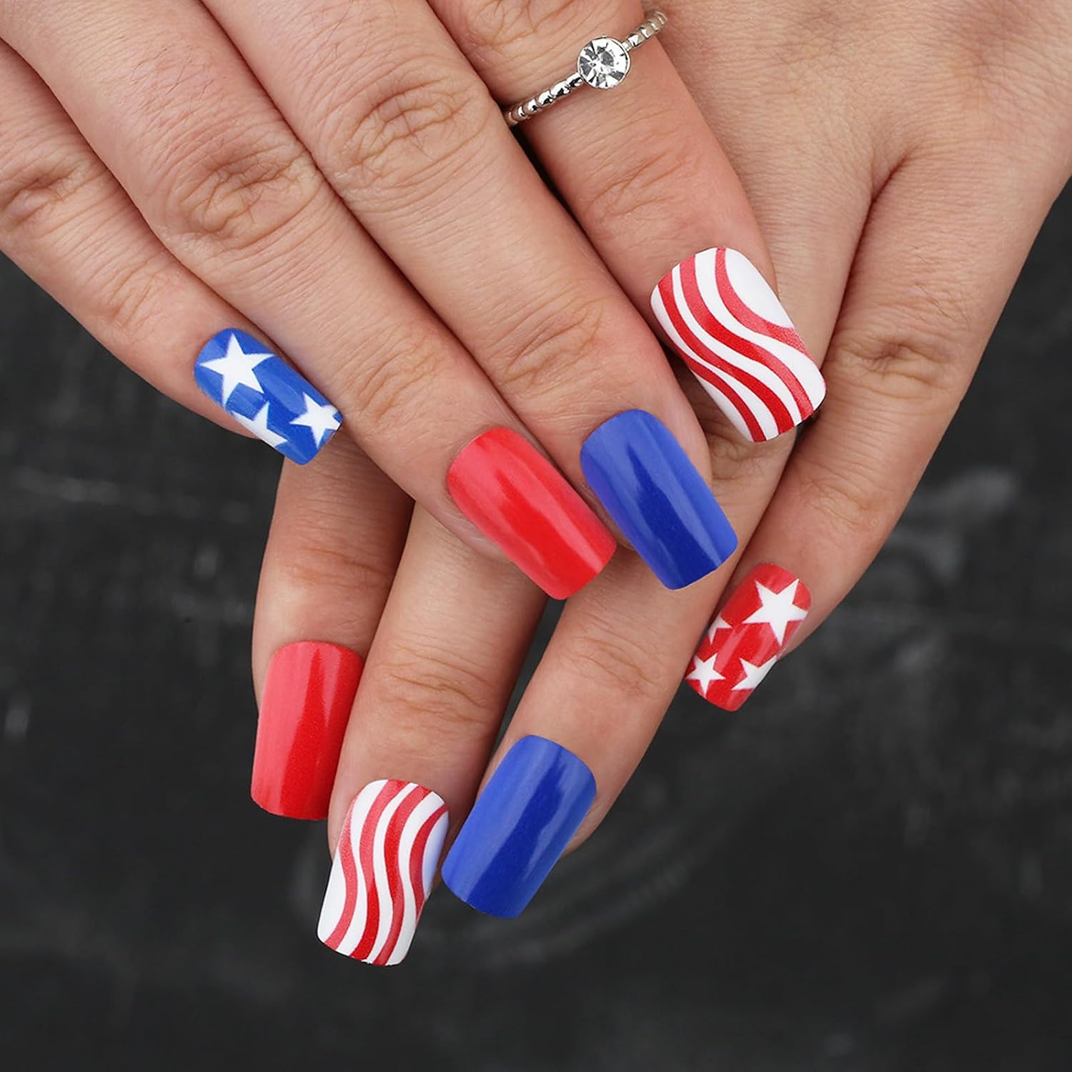 4th of July Fake Nails Independence Day Glues on Patriotic False Full Covers Fake Artificial False