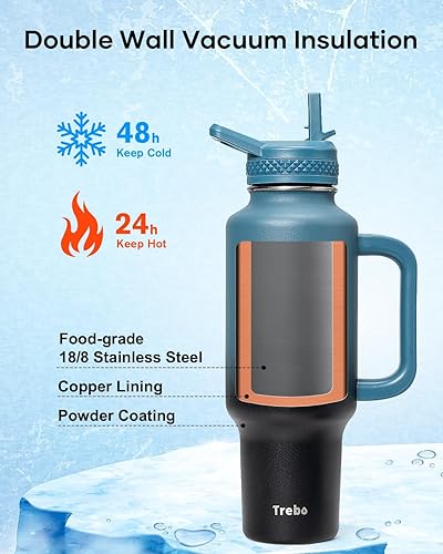 Miniatura 3 de Trebo Botella de agua aislada de 40 onzas que cabe en el portavasos del automóvil con tapas de popote de boquilla, botellas de acero inoxidable de