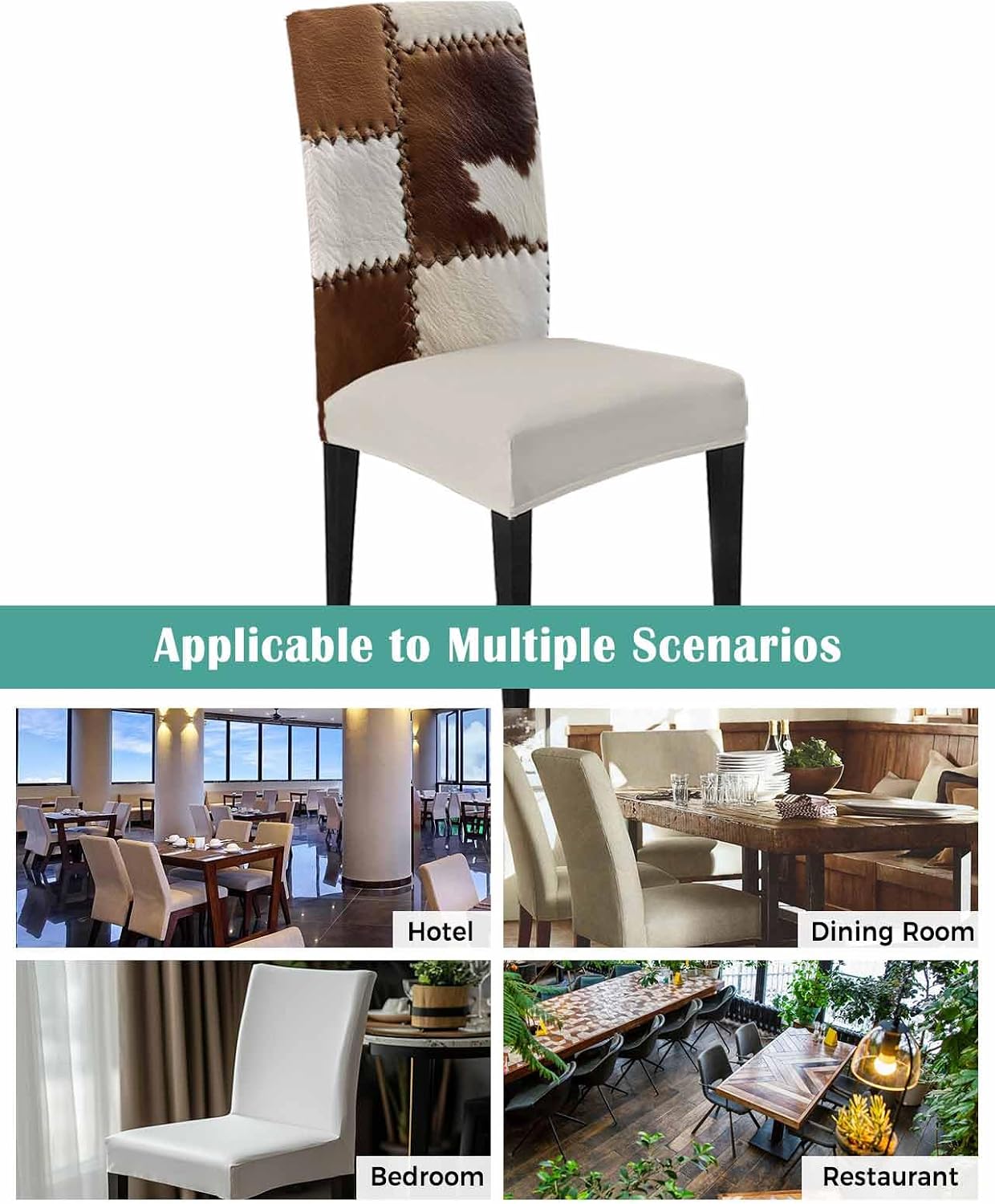 4 Pcs Dining Chair Covers Stretch Spandex Slipcovers Brown White Cowhide Removable Washable Dining Room Seat Cover Cushion Protector for Home Hotel Banquet Decor Western Farmhouse Animal Skin Leather