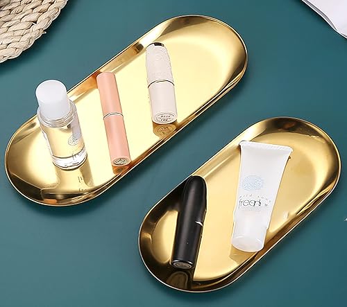 Miniatura 4 de 4 bandejas para baratijas de 9 x 3.7 pulgadas, acero inoxidable dorado, para servir bandejas, toallas, platos, bandejas de té, frutas, cosméticos,