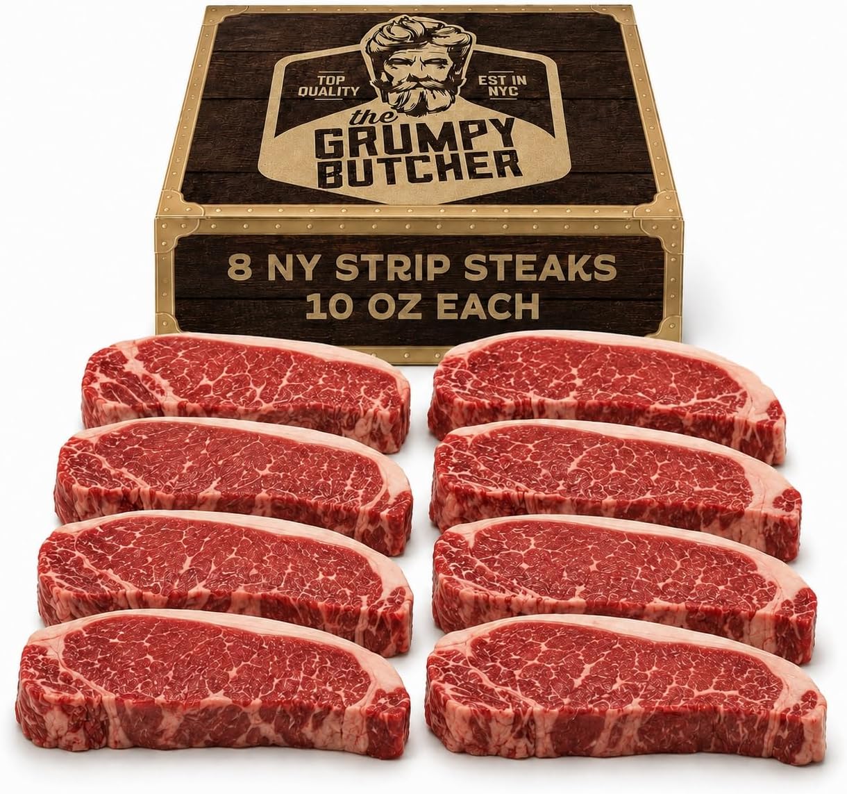 Grumpy Butcher New York Strip Steaks - 8 Pack USDA Prime or Top Third Angus Choice Aged Beef NY Strip Steak - With Gift Box Option