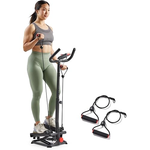 Sunny Health & Fitness Total Body 2-in-1 Smart Stepper Machine for Home with Handlebar and Resistance Bands