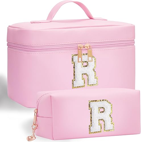 Miniatura 23 de Bolsa de maquillaje con inicial, 2 bolsas de maquillaje con iniciales para mujeres y niñas, bolsa de cosméticos personalizada con monograma