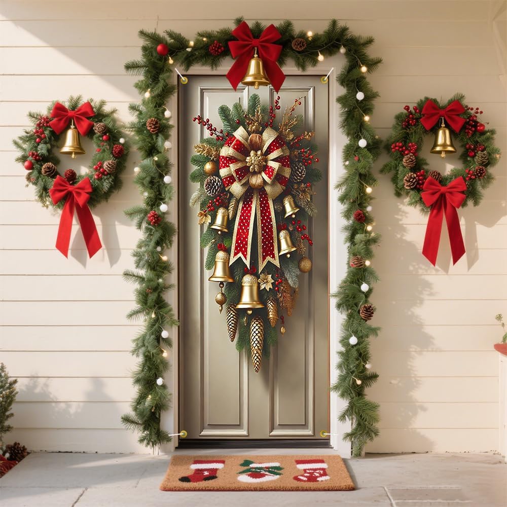Christmas Pine Swag Door Cover 35x71in Gold Bell Berry