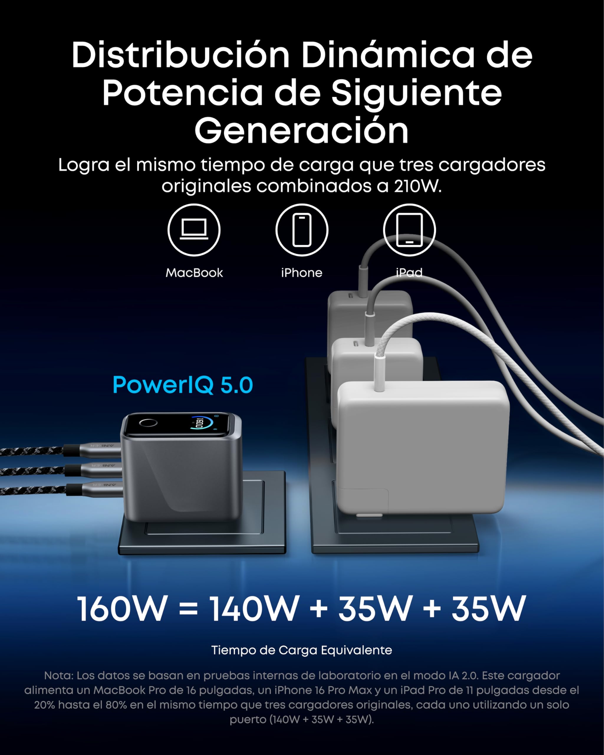 Anker Prime Cargador USB C Carga Rapida GAN de 160 W y 3 Puertos, Pantalla Inteligente, táctil, Carga ultrarrápida de 140 W en Cualquier Puerto para portátiles, MacBook, iPad, iPhone 17/16/15 y más.