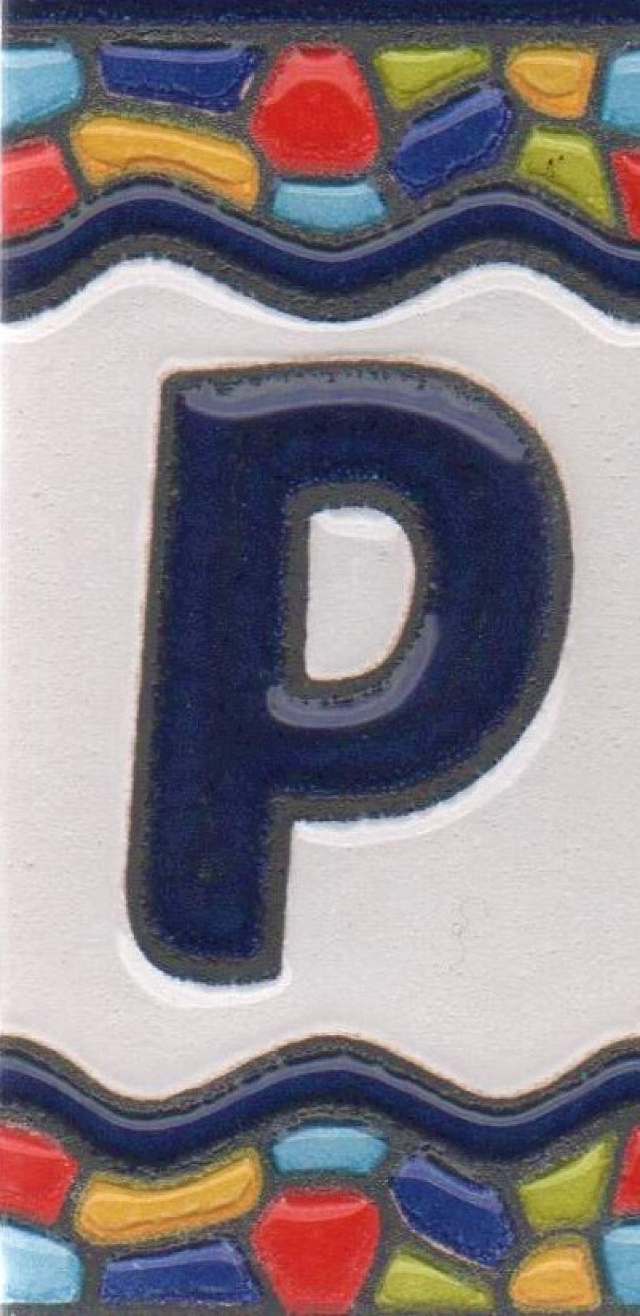 House Tile Numbers, Spanish Ceramic Numbers & Letters Tiles, Church Window Design, Tile Size: 7.5cm x 3.5cm, 3 to 10 Tile Frames (Letter P)