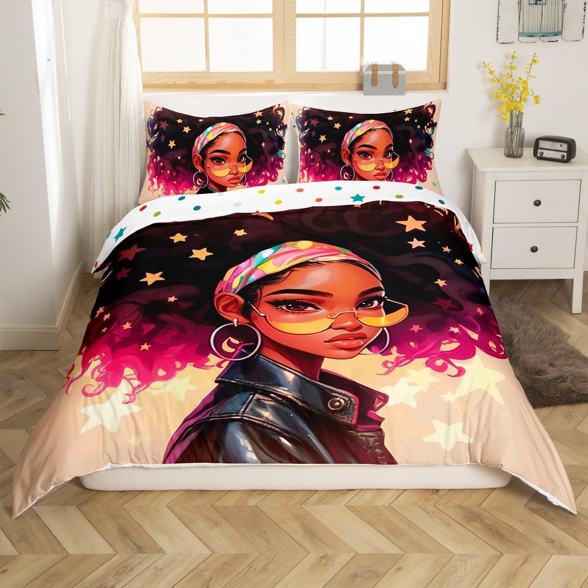 Fashion Lady Duvet Cover Set Toddler Size Black Style Girl Bedding Set 2pcs for Kids Teens Geometric Star Print Comforter Cover African American Women Quilt Cover,1 Pillowcase(Not Comforter)