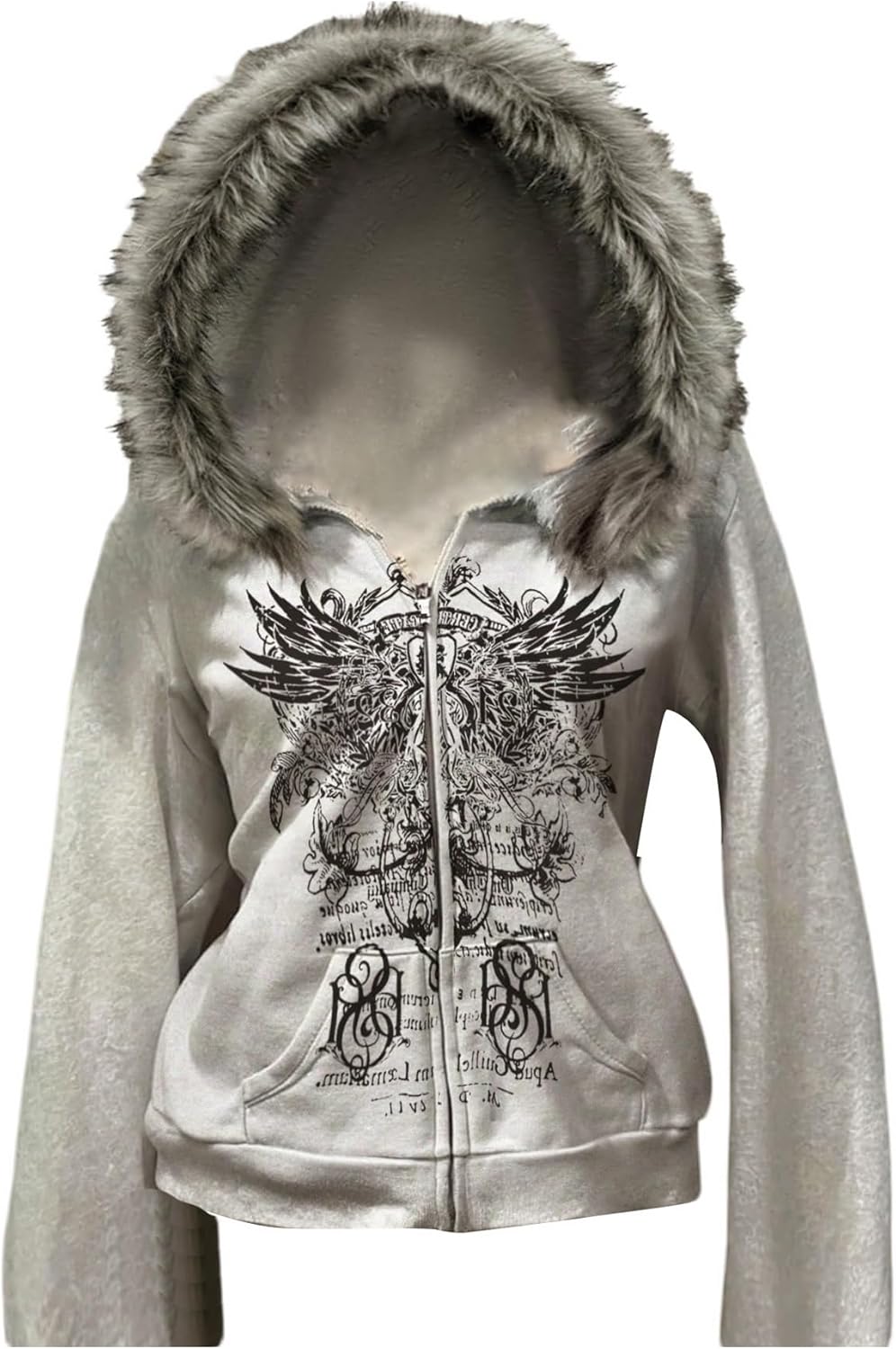 Women's Faux Fur Graphic Zip Up Hoodie Long Sleeve Sweatshirts Outerwear Y2K Goth Clothes