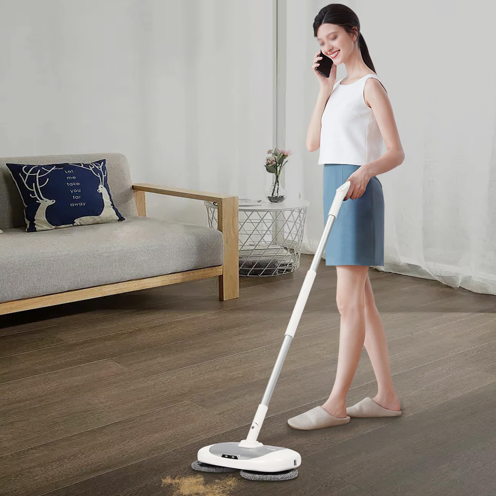 Mopa eléctrica inalámbrica, 40 W, 150 rpm, con cubo de limpieza, función de pulverización, 2000 mAh, depósito de 400 ml, 100 min, fregona eléctrica LED para azulejos, madera y laminado