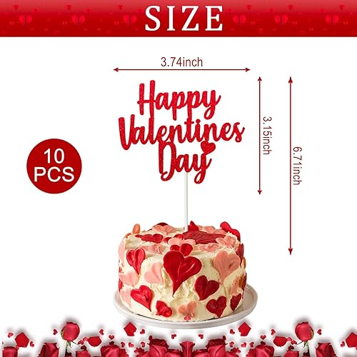 Miniatura 8 de Kevinart Decoración para tarta de San Valentín, 10 unidades, con purpurina, rojo, feliz día de San Valentín, romántico, corazones rojos, decoración