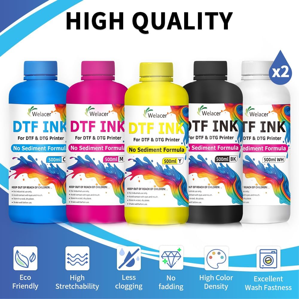 White DTF Ink 6x500ml, No Sediment Formula for ET8550, L1800, XP600, I3200, R1390, XP15000, ET2800, L800, L805 DTF Printers – Clog-Resistant, High Opacity, Smooth Ink Flow