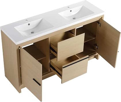 60" Bathroom Vanity with Double Sink Combo, 2 Doors, 2 Drawers, Light Oak