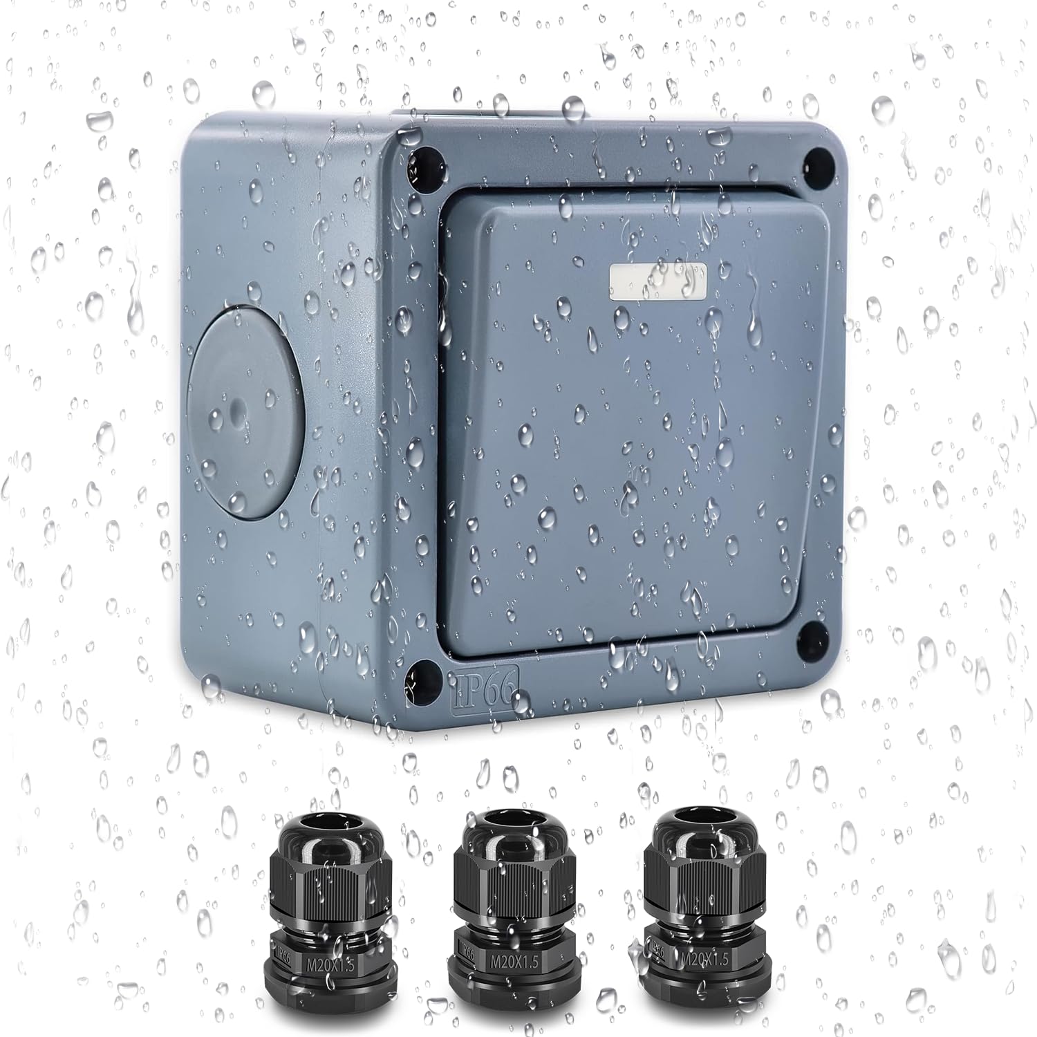 IP66 Waterproof Electrical Switch,NineLeaf 1PK Weatherproof 2 Way Single Light Switch,SPDT (Single Pole Double Throw),for Outdoor Garden, with 3PK M20x1.5 Black Compression Cable Connectors