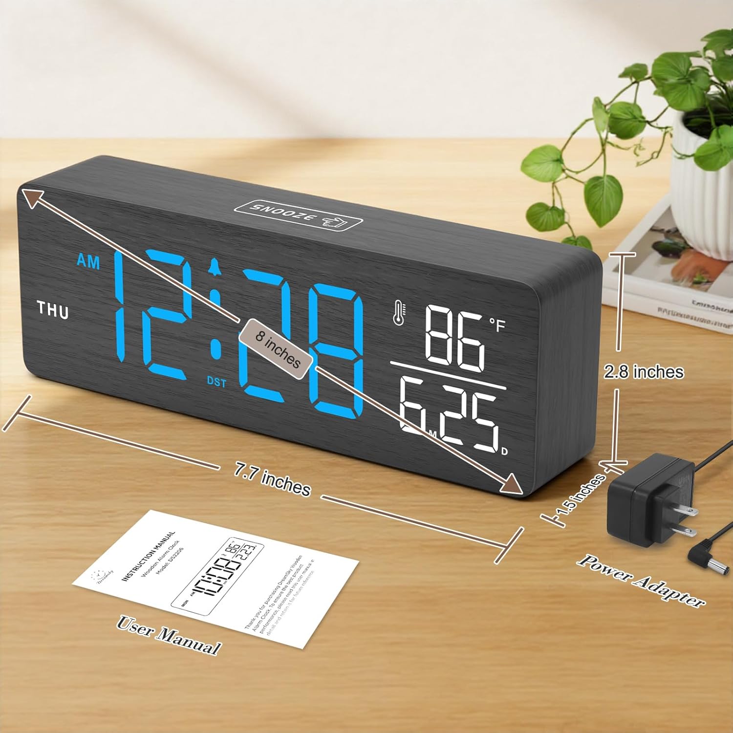 DreamSky Wooden Digital Alarm Clocks for Bedrooms – Large Display Desk Clock with Date & Day of Week for Living Room, Temperature, Dimmer, Adjustable Volume, Auto DST, Office Wood Décor (Plug-in)