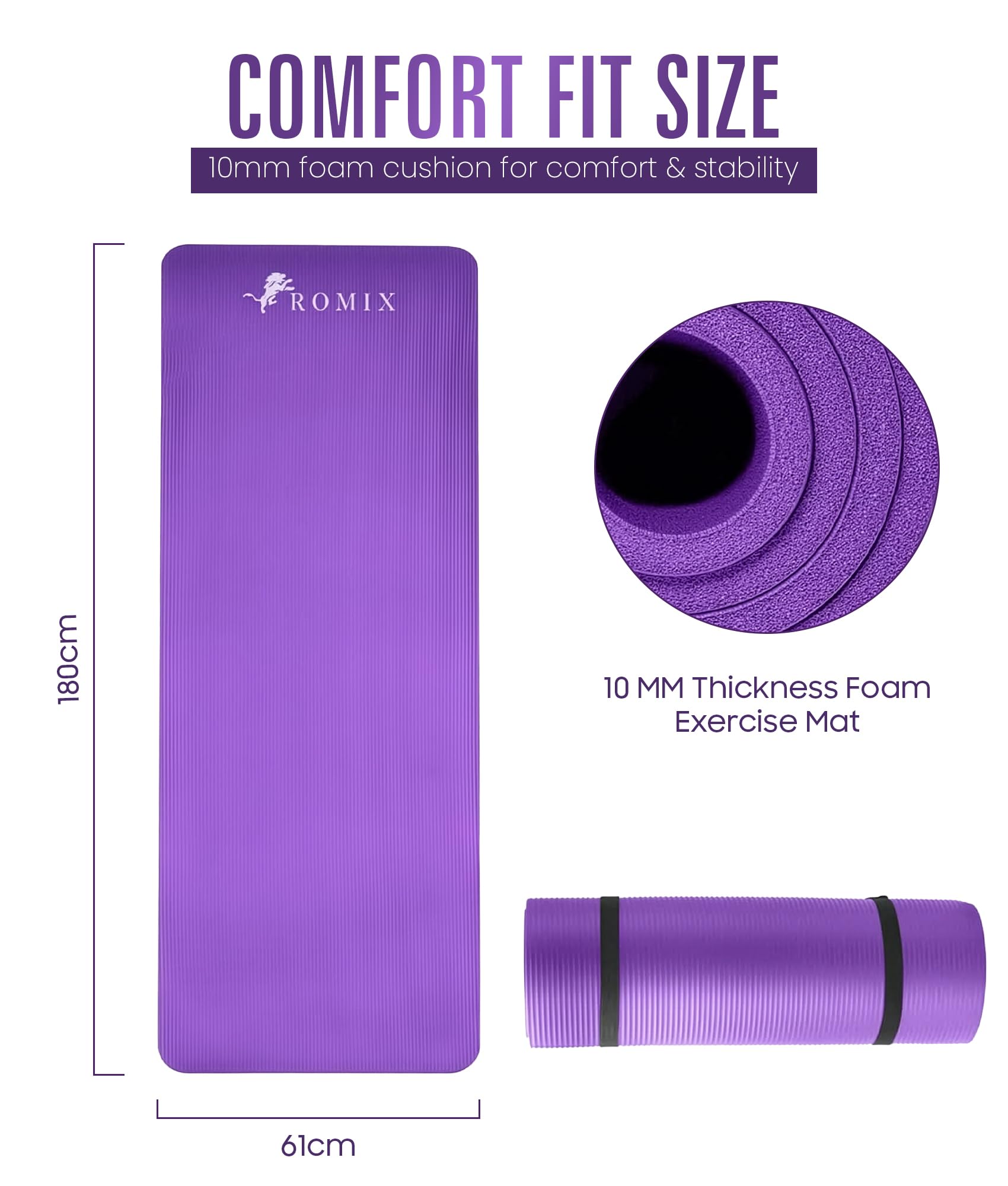 ROMIX Mata do Jogi Gruba 10 mm, Mata do Ćwiczeń z Pianki TPE Dla Kobiet i Mężczyzn, Yoga Mat Antypoślizgowa Mata Gimnastyczna z Torbą do Przenoszenia i Paskiem do siłownię i domu